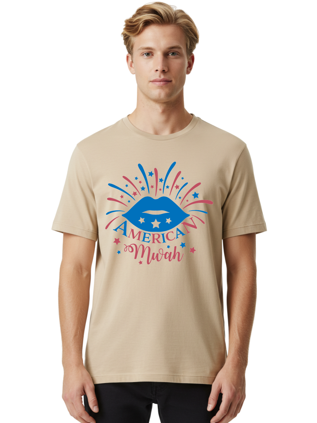 American-Mwah Men'S Graphic Tee, 100% Cotton, Comfortable Casual Summer Wear, Machine Washable, Blue Lips, Starry Design, Vibrant Colors, Playful Graphics, American Mwah, Kiss Mark, Festive Atmosphere, Celebratory Theme, Pop Art Style, Aac470 14