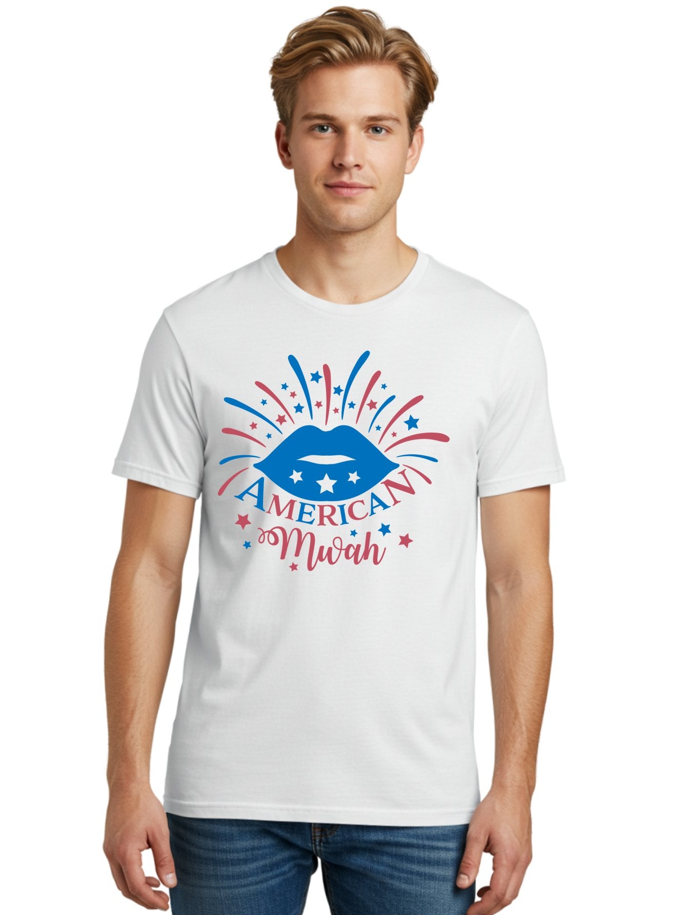 American-Mwah Men'S Graphic Tee, 100% Cotton, Comfortable Casual Summer Wear, Machine Washable, Blue Lips, Starry Design, Vibrant Colors, Playful Graphics, American Mwah, Kiss Mark, Festive Atmosphere, Celebratory Theme, Pop Art Style, Aac470 27