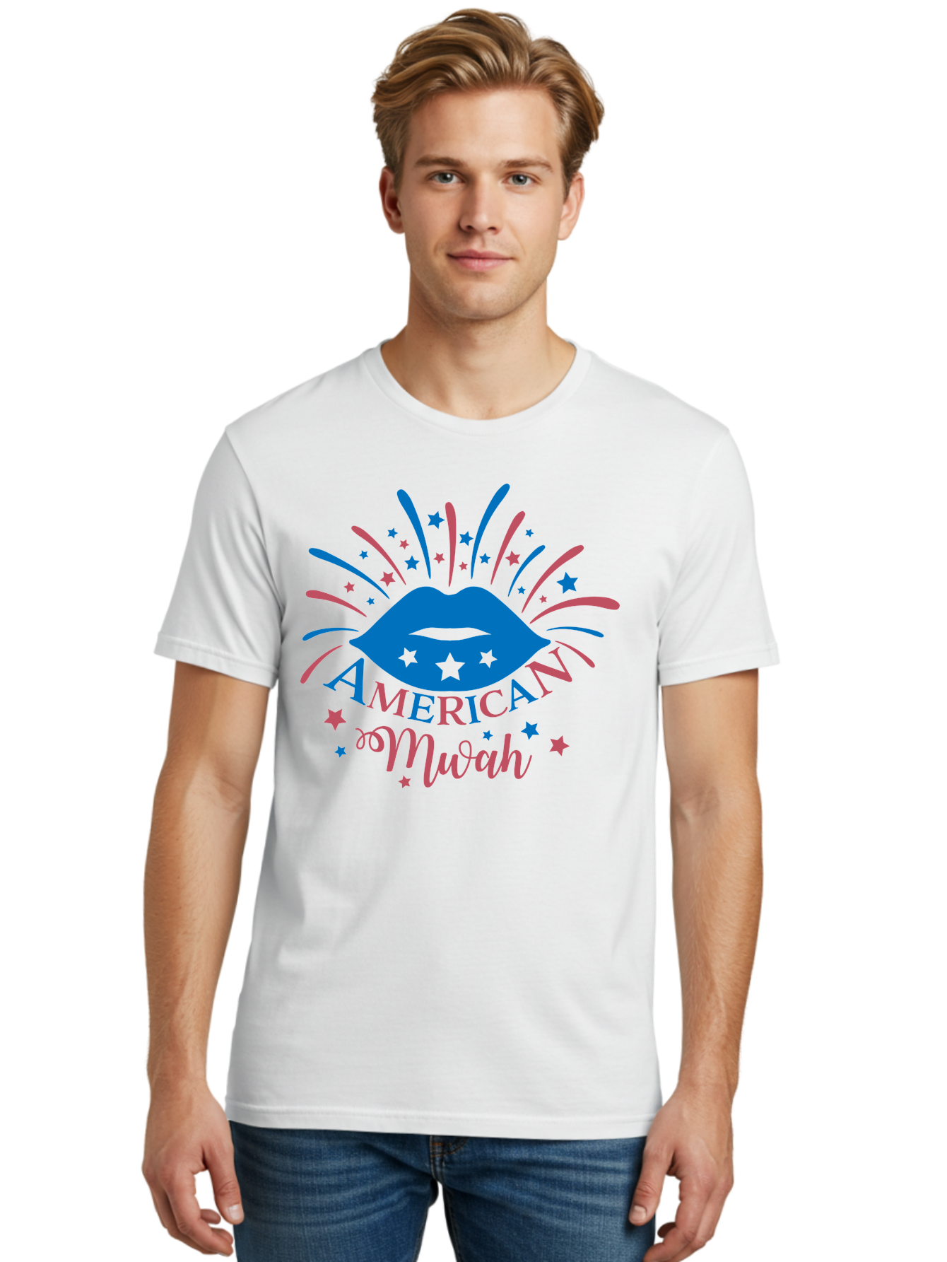 American-Mwah Men'S Graphic Tee, 100% Cotton, Comfortable Casual Summer Wear, Machine Washable, Blue Lips, Starry Design, Vibrant Colors, Playful Graphics, American Mwah, Kiss Mark, Festive Atmosphere, Celebratory Theme, Pop Art Style, Aac470 8