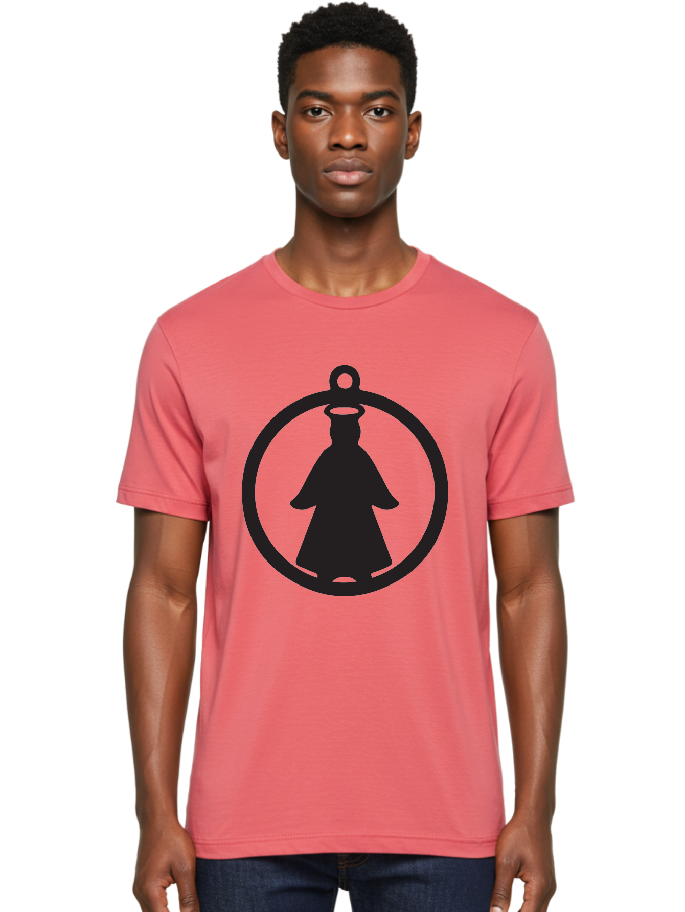 Angel-Pendant Men'S Graphic Tee, 100% Cotton, Comfortable Casual Summer Wear, Machine Washable, Angel Silhouette, Religious Symbol, Divine Presence, Spiritual Icon, Halo, Holy Figure, Religious Art, Sacred Imagery, Faith Symbol Aac474