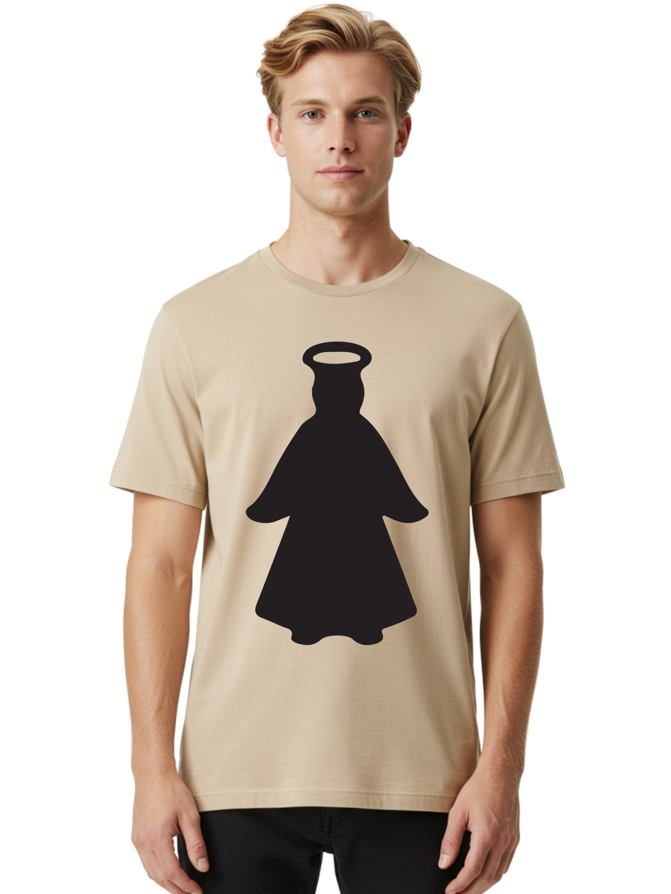 Angel-Silhouette Men'S Graphic Tee, 100% Cotton, Comfortable Casual Summer Wear, Machine Washable, Angel Silhouette, Divine Being, Spiritual Figure, Halo Effect, Faith Symbol, Religious Icon, Sacred Imagery, Guardian Angel, Mystic Character Aac475 23