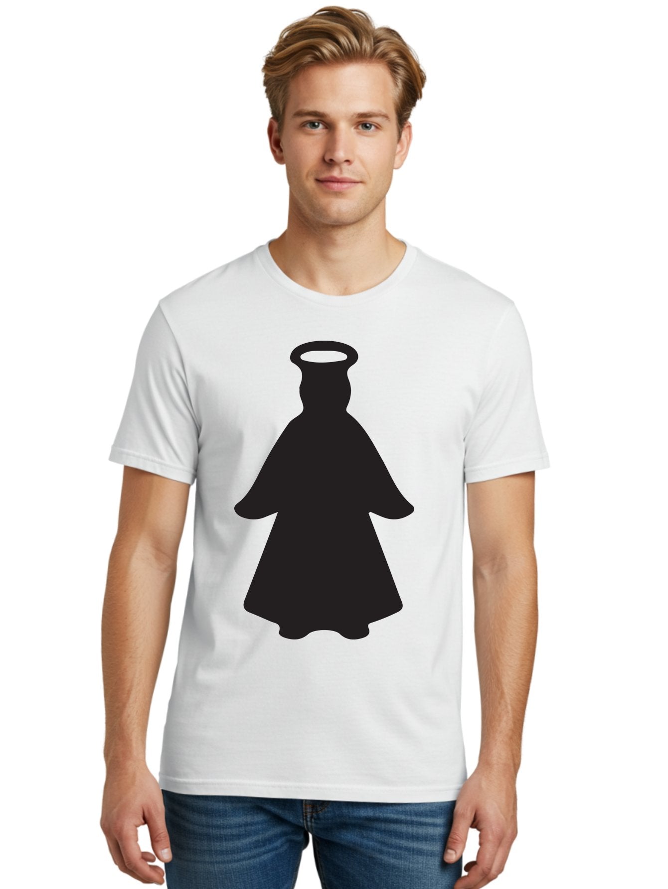 Angel-Silhouette Men'S Graphic Tee, 100% Cotton, Comfortable Casual Summer Wear, Machine Washable, Angel Silhouette, Divine Being, Spiritual Figure, Halo Effect, Faith Symbol, Religious Icon, Sacred Imagery, Guardian Angel, Mystic Character Aac475 30