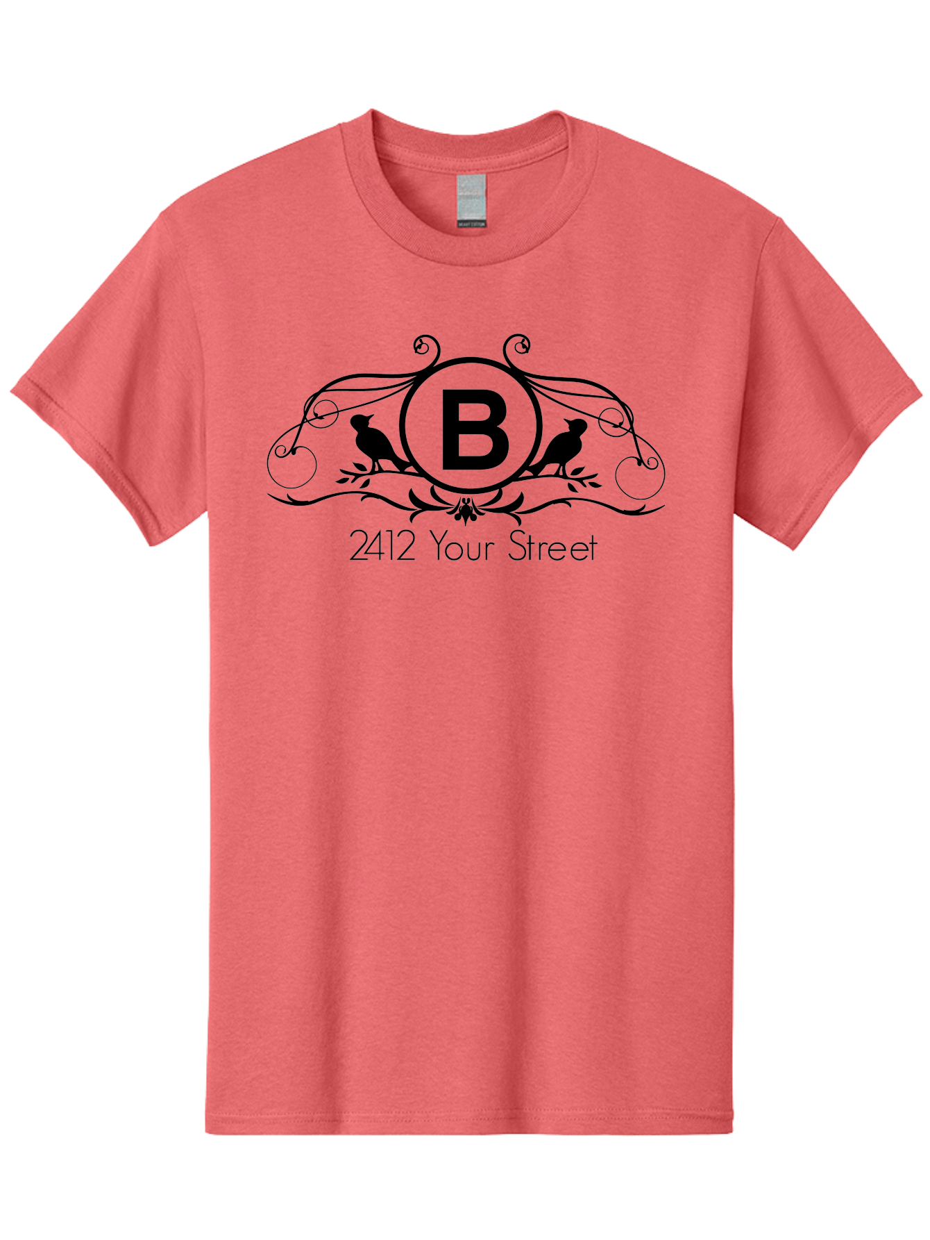 B-2412-Your-Street Men'S Graphic Tee, 100% Cotton, Comfortable Casual Summer Wear, Machine Washable, Vintage Logo, Stylized Letter B, Birds On Branches, Ornate Design, Classic Typography, Address Label, Elegant Branding, Custom Illustration Aac481 7