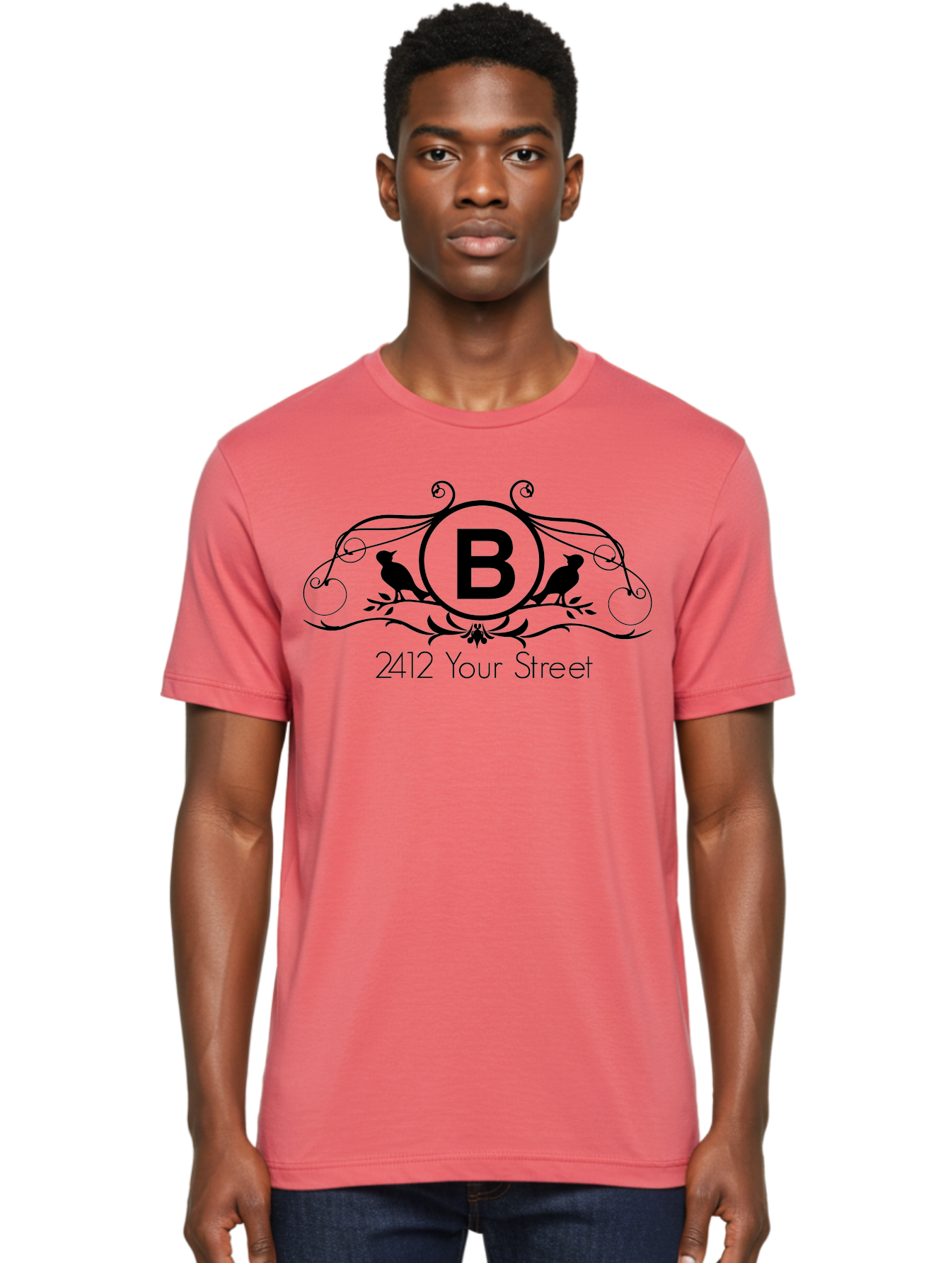 B-2412-Your-Street Men'S Graphic Tee, 100% Cotton, Comfortable Casual Summer Wear, Machine Washable, Vintage Logo, Stylized Letter B, Birds On Branches, Ornate Design, Classic Typography, Address Label, Elegant Branding, Custom Illustration Aac481 8