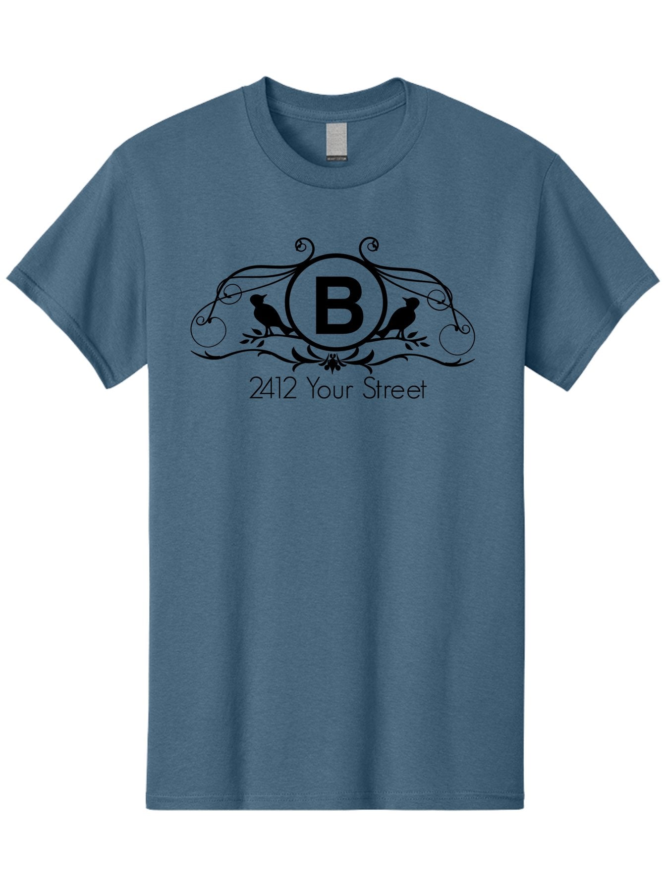 B-2412-Your-Street Men'S Graphic Tee, 100% Cotton, Comfortable Casual Summer Wear, Machine Washable, Vintage Logo, Stylized Letter B, Birds On Branches, Ornate Design, Classic Typography, Address Label, Elegant Branding, Custom Illustration Aac481 15