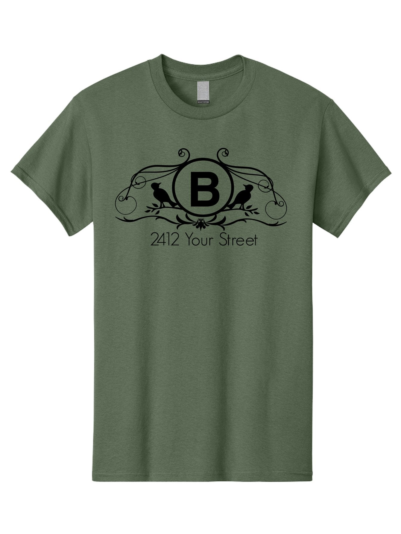 B-2412-Your-Street Men'S Graphic Tee, 100% Cotton, Comfortable Casual Summer Wear, Machine Washable, Vintage Logo, Stylized Letter B, Birds On Branches, Ornate Design, Classic Typography, Address Label, Elegant Branding, Custom Illustration Aac481 6