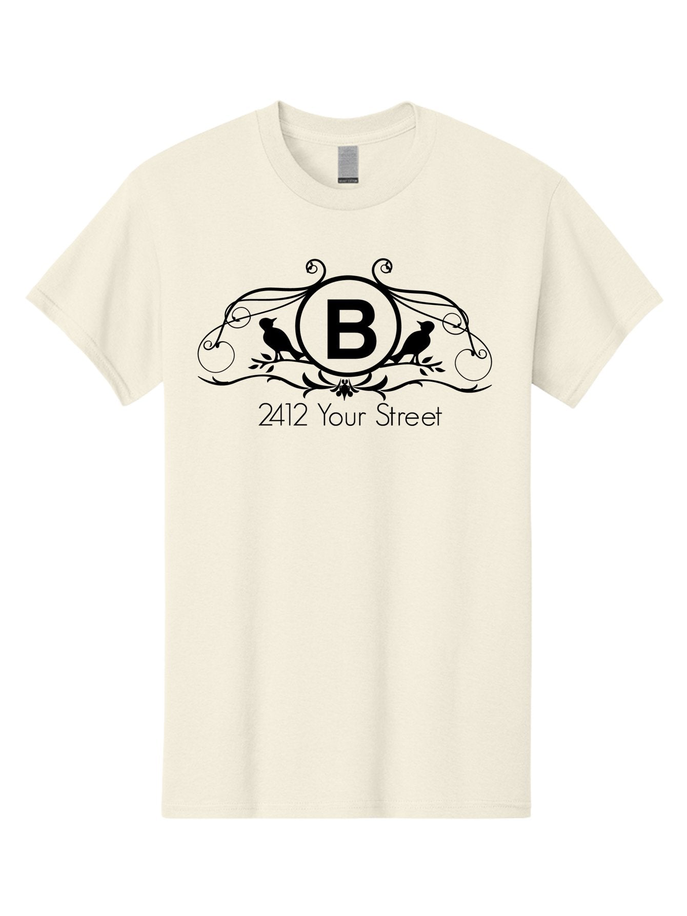 B-2412-Your-Street Men'S Graphic Tee, 100% Cotton, Comfortable Casual Summer Wear, Machine Washable, Vintage Logo, Stylized Letter B, Birds On Branches, Ornate Design, Classic Typography, Address Label, Elegant Branding, Custom Illustration Aac481 4
