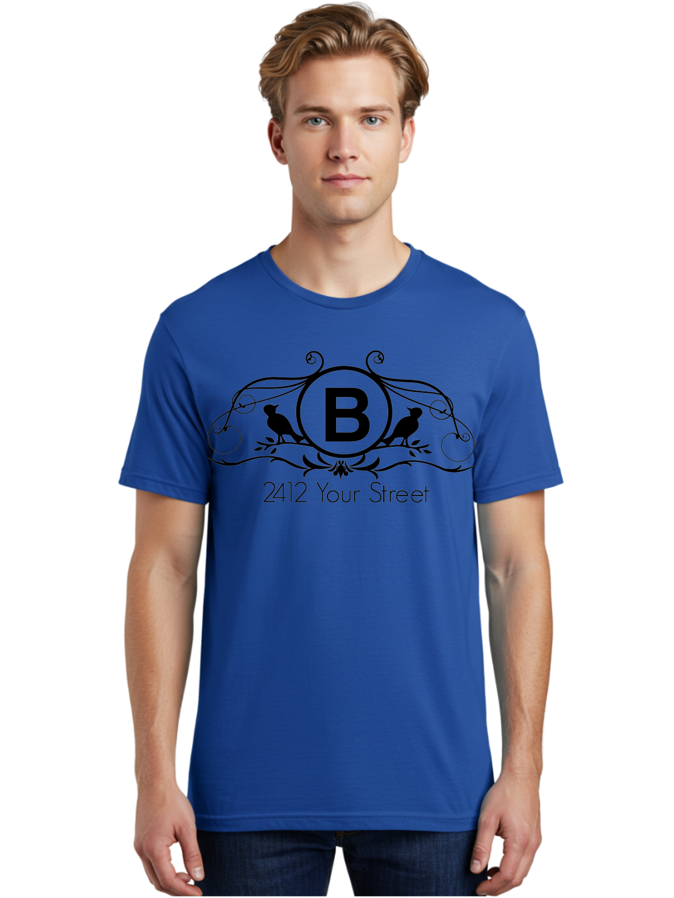B-2412-Your-Street Men'S Graphic Tee, 100% Cotton, Comfortable Casual Summer Wear, Machine Washable, Vintage Logo, Stylized Letter B, Birds On Branches, Ornate Design, Classic Typography, Address Label, Elegant Branding, Custom Illustration Aac481 6
