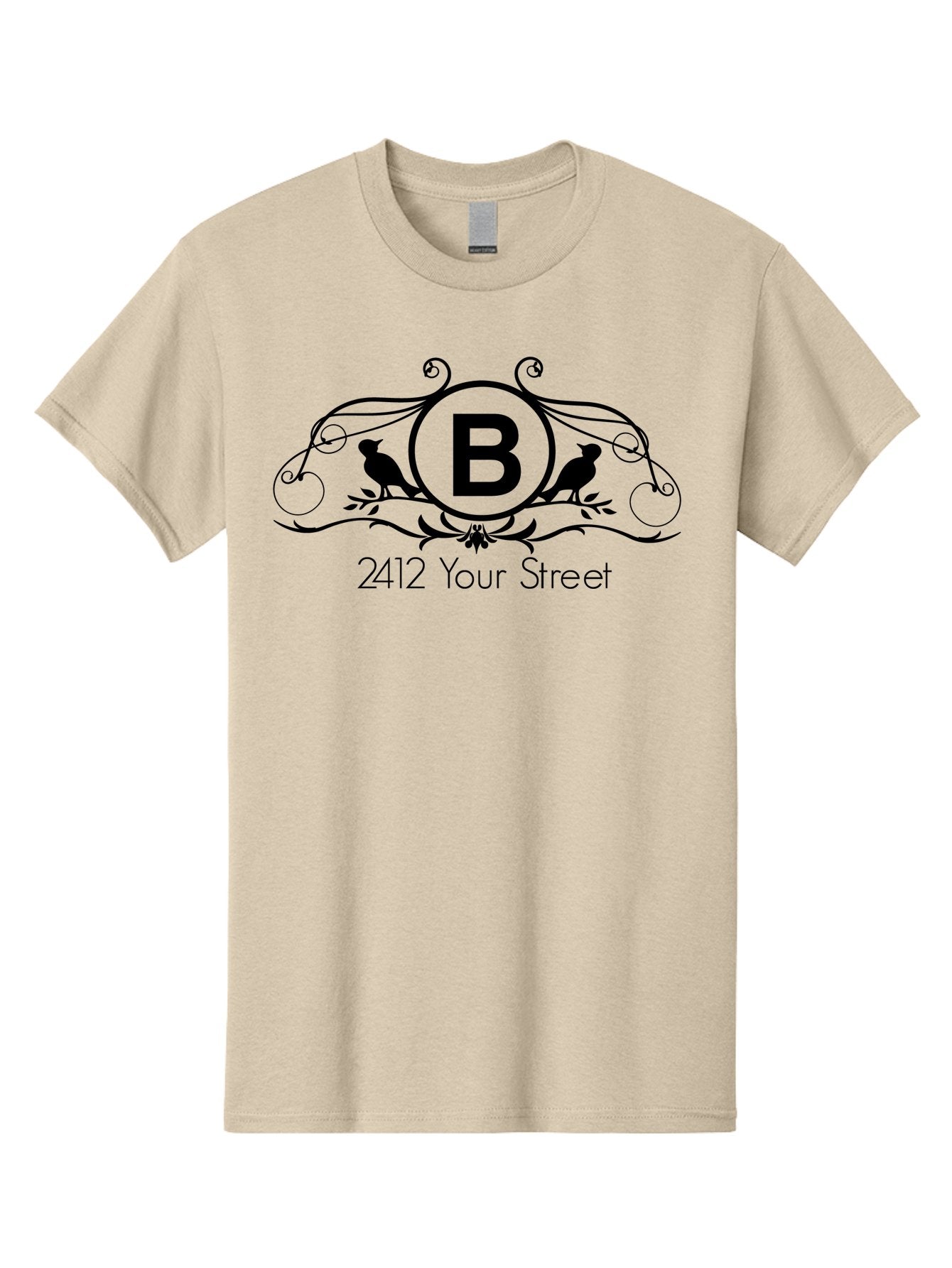 B-2412-Your-Street Men'S Graphic Tee, 100% Cotton, Comfortable Casual Summer Wear, Machine Washable, Vintage Logo, Stylized Letter B, Birds On Branches, Ornate Design, Classic Typography, Address Label, Elegant Branding, Custom Illustration Aac481 14