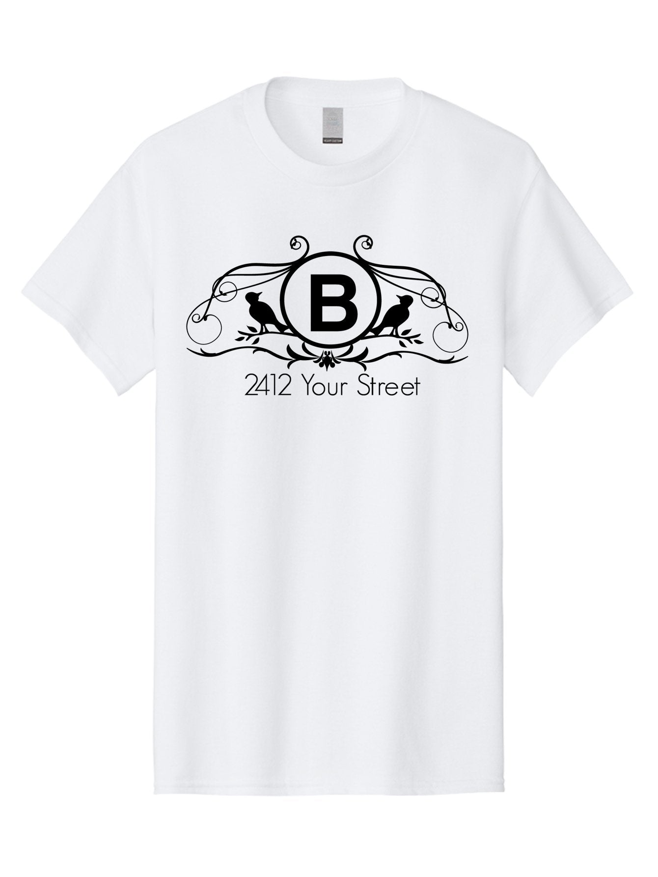 B-2412-Your-Street Men'S Graphic Tee, 100% Cotton, Comfortable Casual Summer Wear, Machine Washable, Vintage Logo, Stylized Letter B, Birds On Branches, Ornate Design, Classic Typography, Address Label, Elegant Branding, Custom Illustration Aac481 3