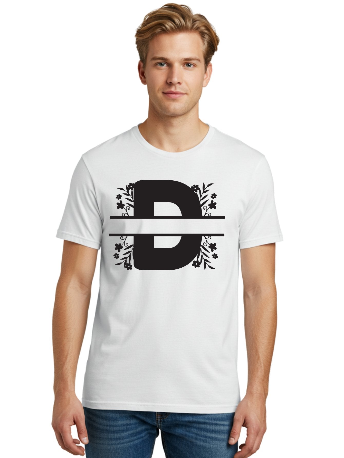 B-B-Floral-Design Men'S Graphic Tee, 100% Cotton, Comfortable Casual Summer Wear, Machine Washable, Letter B, Floral Design, Decorative Elements, Floral Patterns, Ornate Details, Black And Green, Bold Typography, Flower Motifs, Aac482 22
