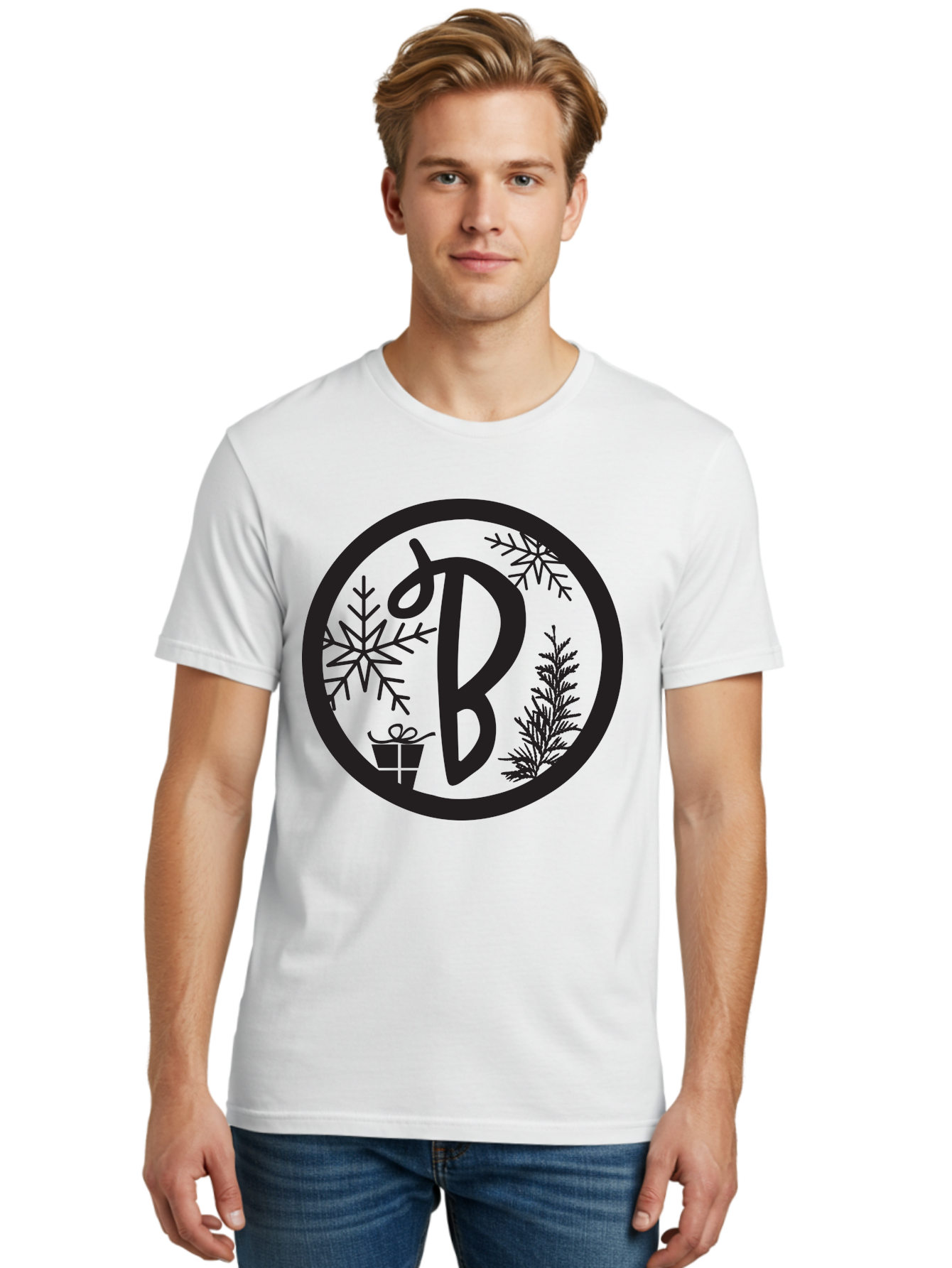 B Men'S Graphic Tee, 100% Cotton, Comfortable Casual Summer Wear, Machine Washable, Christmas Gift, Snowflake, Festive Decorations, Holly Leaves, Holiday Season, Winter Wonderland, Winter Holidays, Gift Box, Christmas Theme Aac484 4