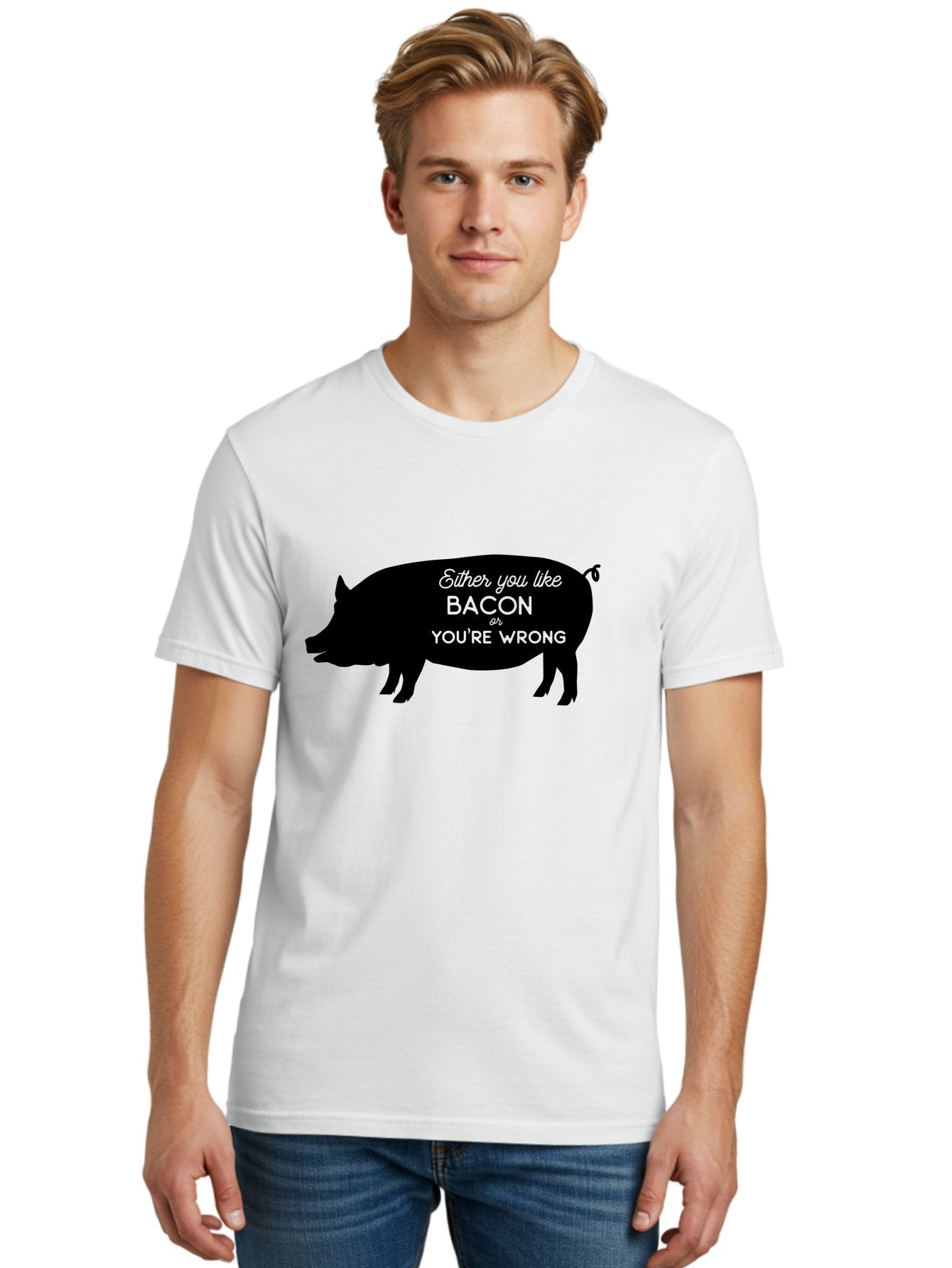 Bacon-Or-You-Re-Wrong Men'S Graphic Tee, 100% Cotton, Comfortable Casual Summer Wear, Machine Washable, Funny Quote, Bacon Lover, Pig Silhouette, Humorous Saying, Foodie Humor, Quote About Bacon, Bacon Enthusiast, Quirky Design, Aac485 29