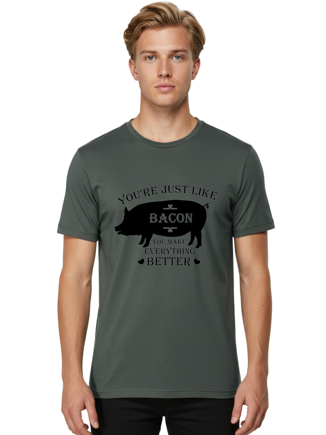 Bacon-Pig-Silhouette Men'S Graphic Tee, 100% Cotton, Comfortable Casual Summer Wear, Machine Washable, Funny Pig Design, Bacon Lover, Bacon Humor, Cute Pig Silhouette, You Make Everything Better, Bacon Quotes, Pig Phrases, Foodie Graphics Aac486 20
