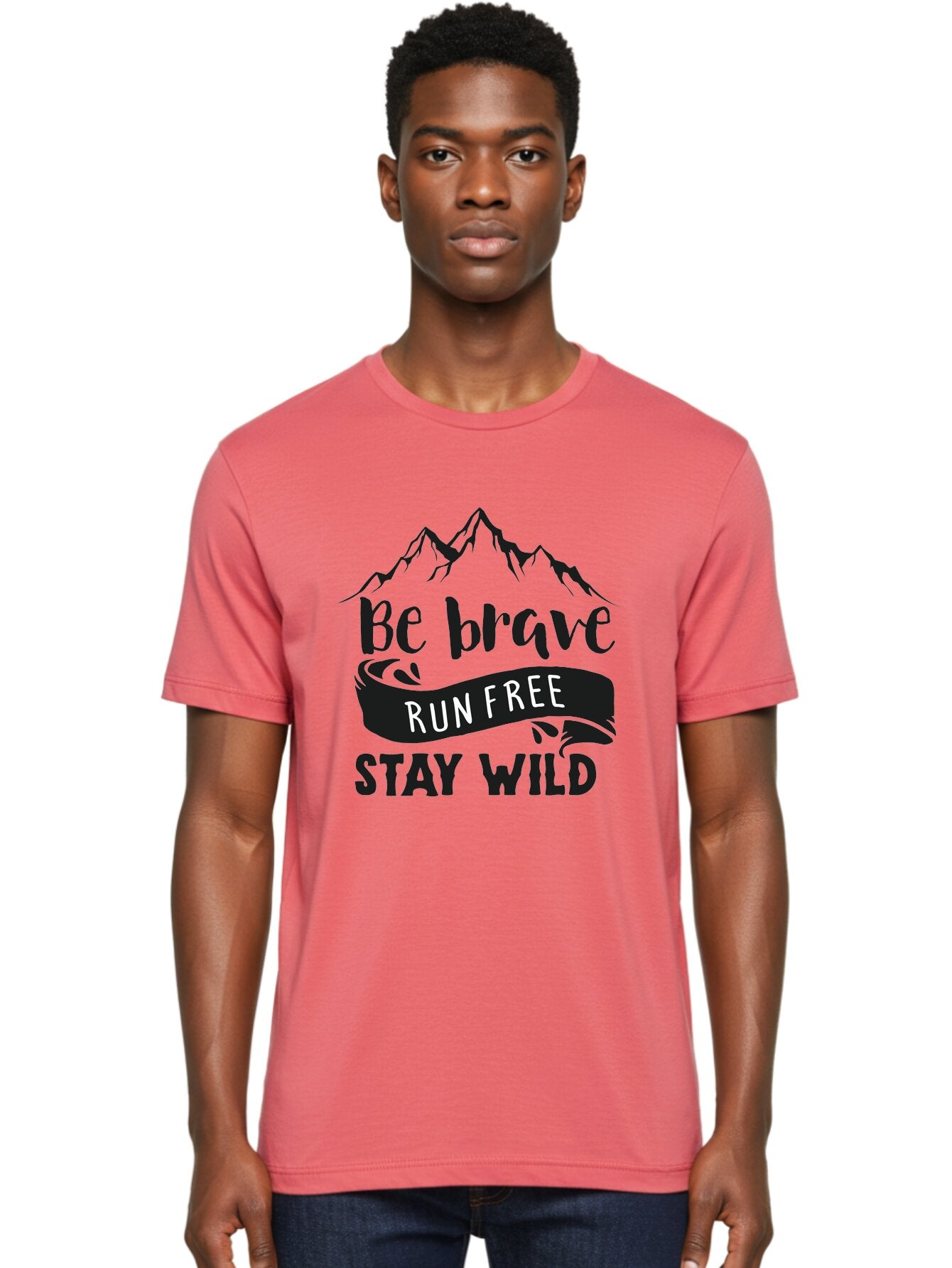 Be-Brave-Run-Free-Stay-Wild Men'S Graphic Tee, 100% Cotton, Comfortable Casual Summer Wear, Machine Washable, Inspirational Quote, Motivational Words, Bold Typography, Mountain Landscape, Running Free, Staying Wild, Brave Spirit, Freedom, Aac494 19