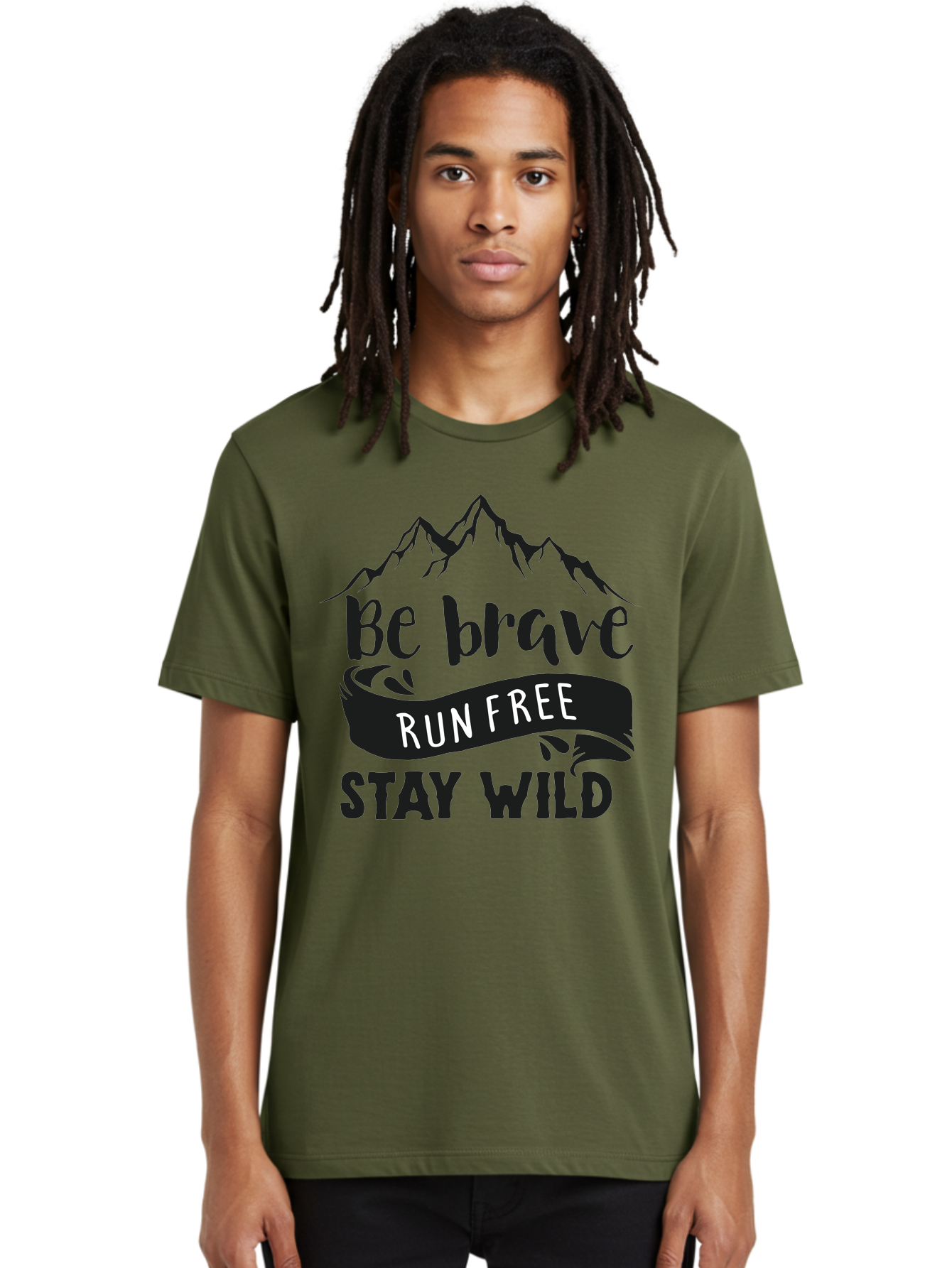 Be-Brave-Run-Free-Stay-Wild Men'S Graphic Tee, 100% Cotton, Comfortable Casual Summer Wear, Machine Washable, Inspirational Quote, Motivational Words, Bold Typography, Mountain Landscape, Running Free, Staying Wild, Brave Spirit, Freedom, Aac494
