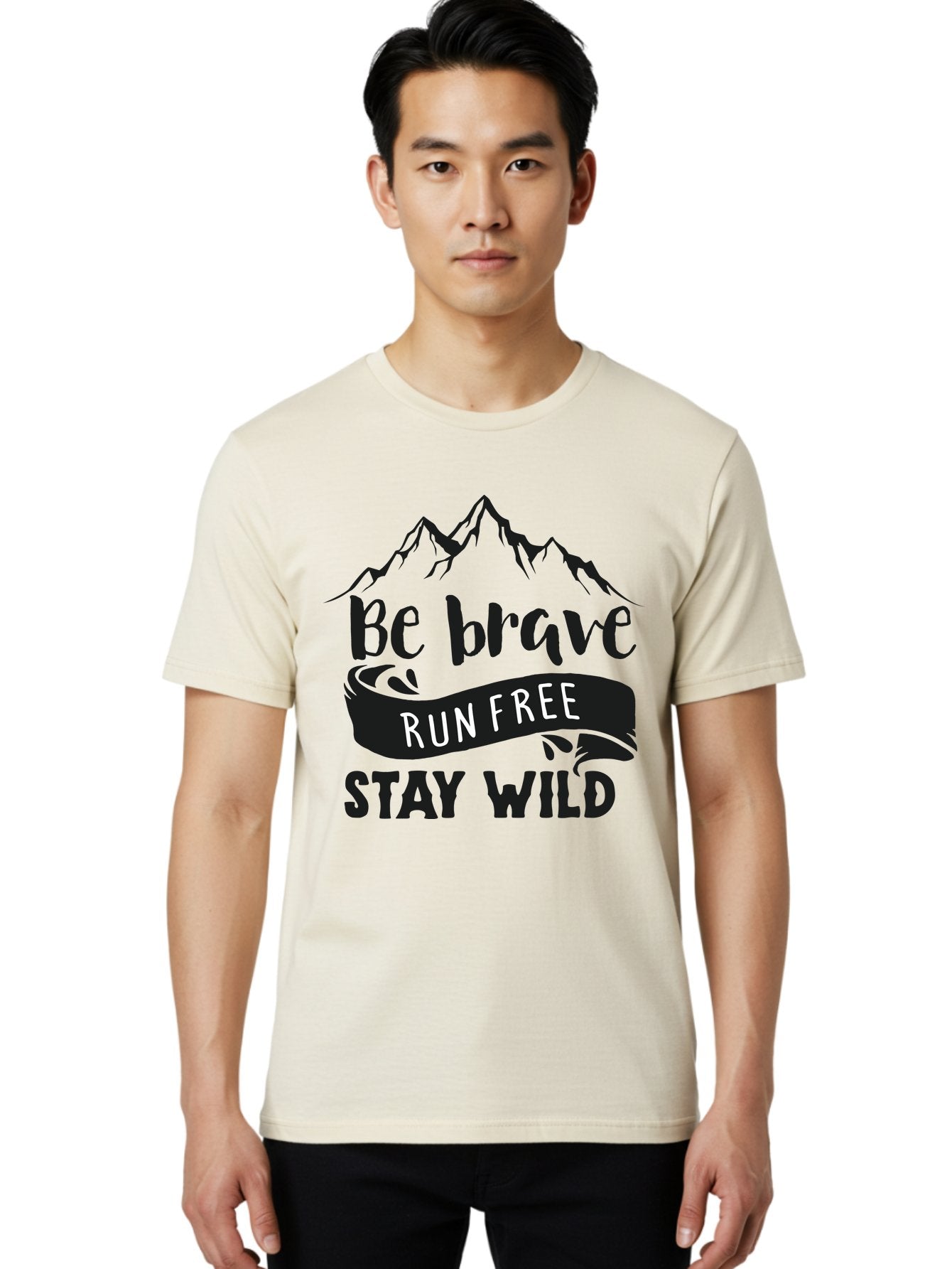 Be-Brave-Run-Free-Stay-Wild Men'S Graphic Tee, 100% Cotton, Comfortable Casual Summer Wear, Machine Washable, Inspirational Quote, Motivational Words, Bold Typography, Mountain Landscape, Running Free, Staying Wild, Brave Spirit, Freedom, Aac494 24