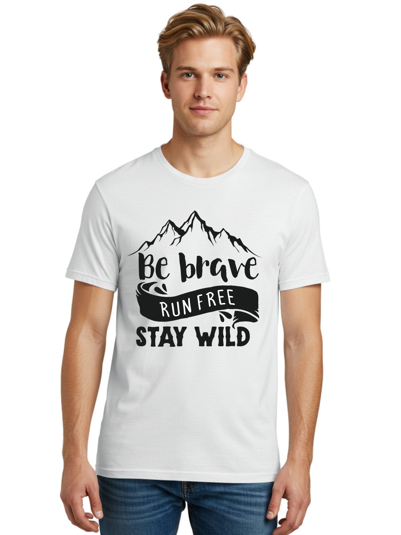 Be-Brave-Run-Free-Stay-Wild Men'S Graphic Tee, 100% Cotton, Comfortable Casual Summer Wear, Machine Washable, Inspirational Quote, Motivational Words, Bold Typography, Mountain Landscape, Running Free, Staying Wild, Brave Spirit, Freedom, Aac494 18