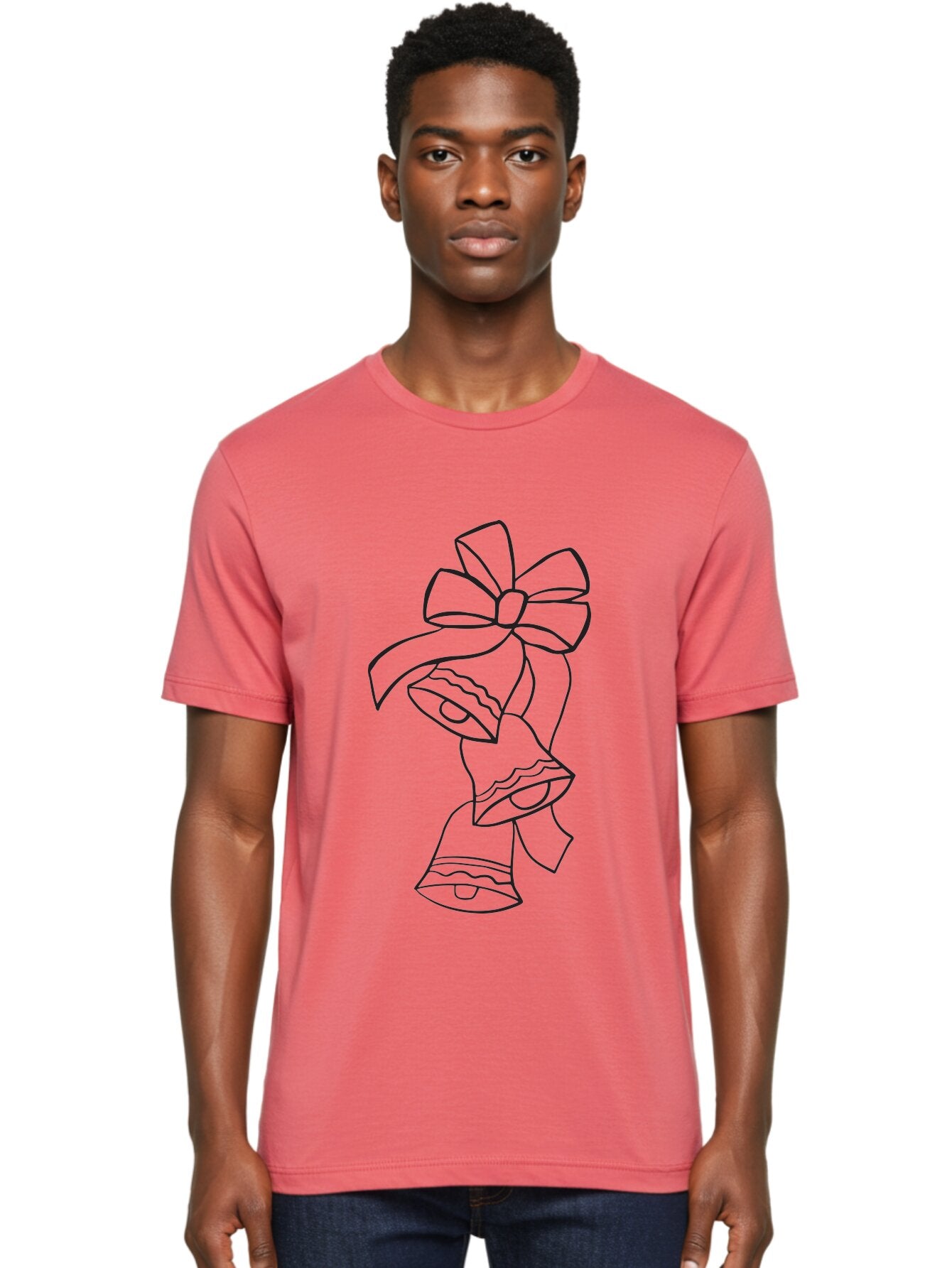 Bells-With-Bow Men'S Graphic Tee, 100% Cotton, Comfortable Casual Summer Wear, Machine Washable, Christmas Bells, Holiday Decor, Festive Decoration, Jingle Bells, Ribbon Bow, Black Outline, Simple Design, Minimalist Art, Winter Theme Aac510 29