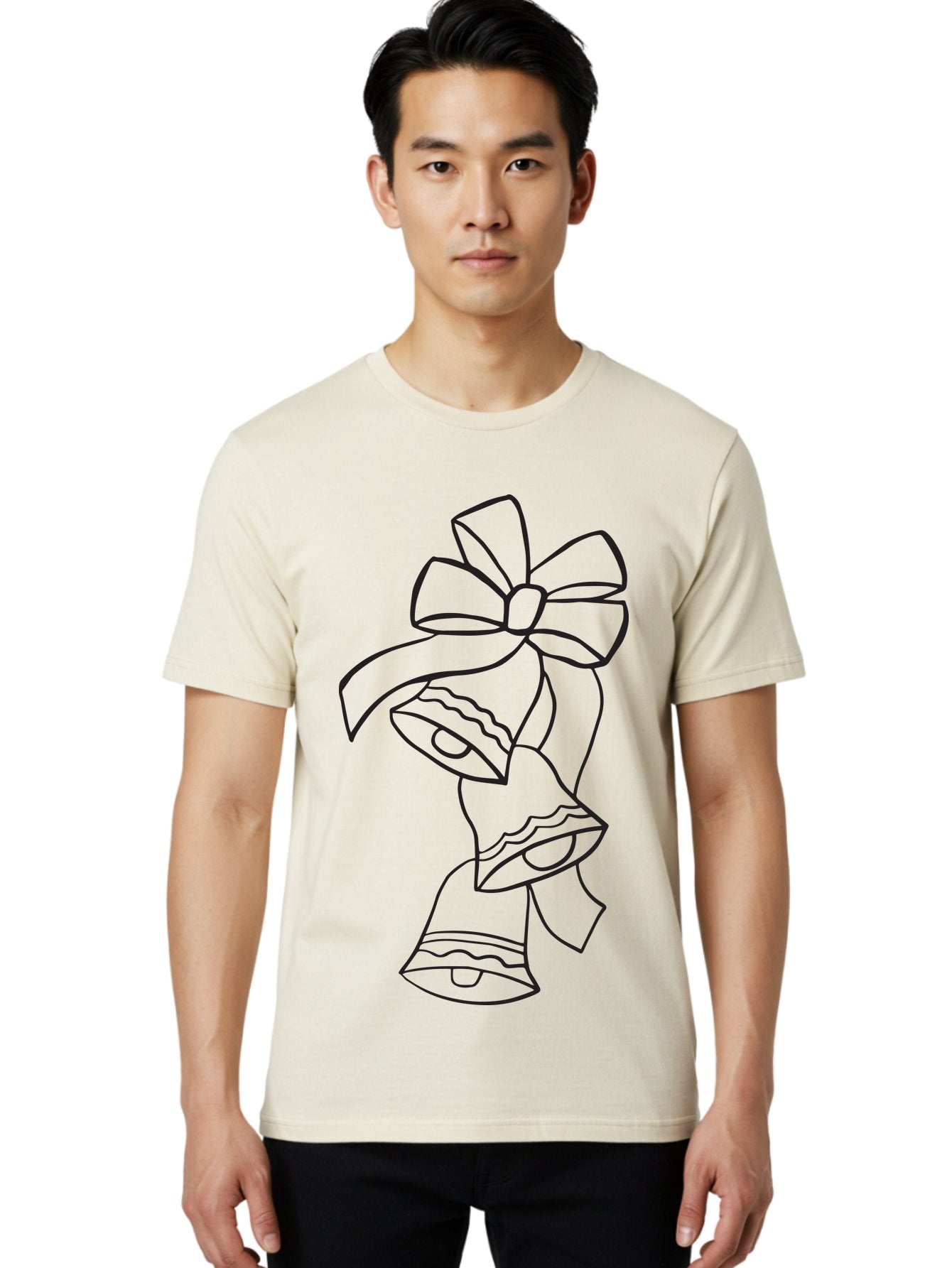 Bells-With-Bow Men'S Graphic Tee, 100% Cotton, Comfortable Casual Summer Wear, Machine Washable, Christmas Bells, Holiday Decor, Festive Decoration, Jingle Bells, Ribbon Bow, Black Outline, Simple Design, Minimalist Art, Winter Theme Aac510 24
