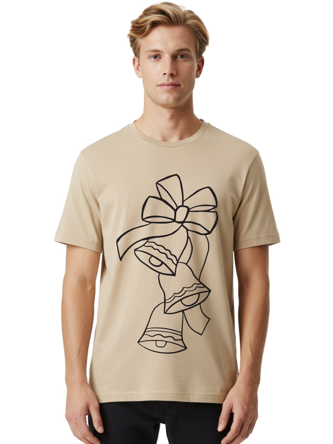 Bells-With-Bow Men'S Graphic Tee, 100% Cotton, Comfortable Casual Summer Wear, Machine Washable, Christmas Bells, Holiday Decor, Festive Decoration, Jingle Bells, Ribbon Bow, Black Outline, Simple Design, Minimalist Art, Winter Theme Aac510 18