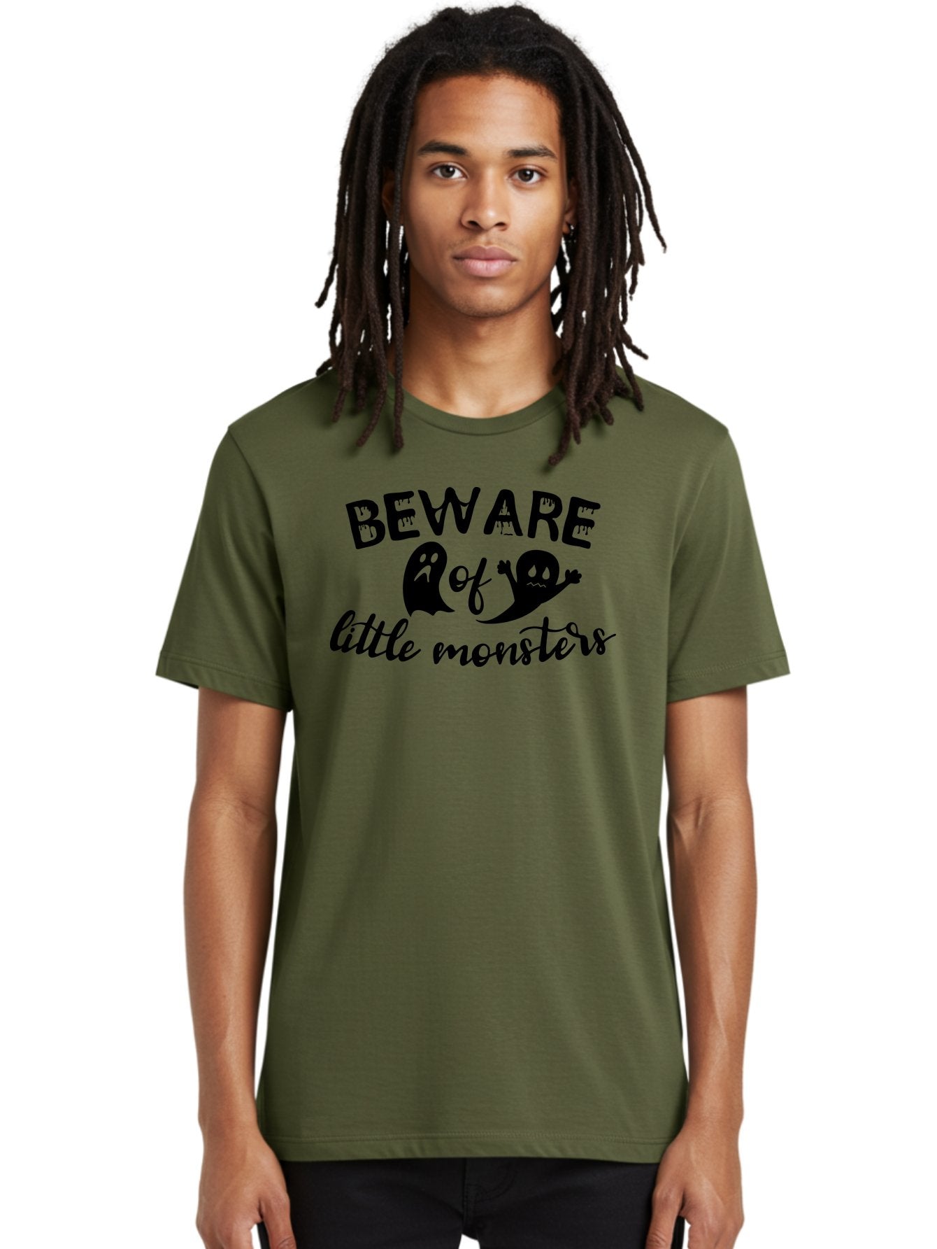 Beware-Of-Little-Monsters Men'S Graphic Tee, 100% Cotton, Comfortable Casual Summer Wear, Machine Washable, Halloween Graphic, Beware Of Little Monsters, Ghostly Figures, Spooky Atmosphere, Black Silhouettes, Creepy Warning, Halloween Theme, Aac513 17