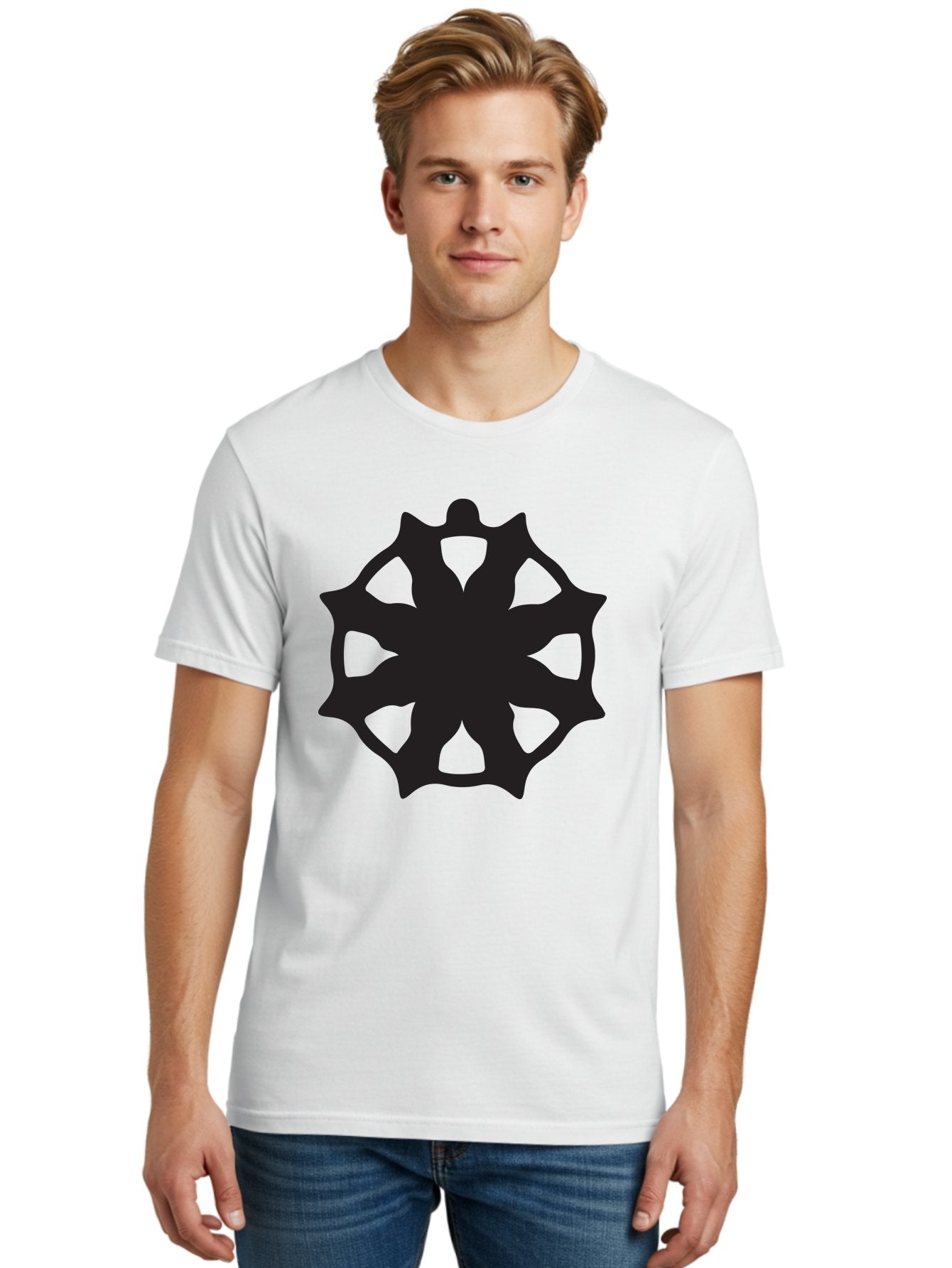 Black-Abstract-Symbol Men'S Graphic Tee, 100% Cotton, Comfortable Casual Summer Wear, Machine Washable, Asterisk Symbol, Star Shape, Geometric Pattern, Abstract Design, Symmetrical Shape, Black Silhouette Aac516 28