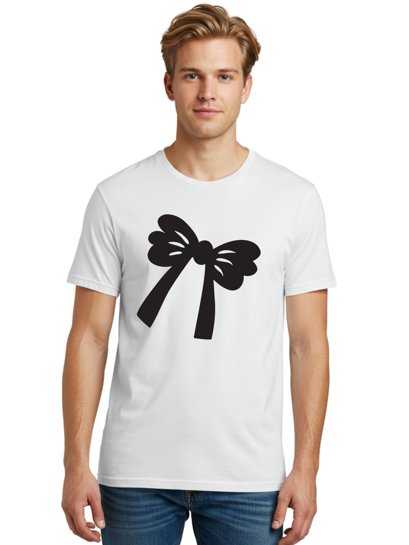 Black-Bow Men'S Graphic Tee, 100% Cotton, Comfortable Casual Summer Wear, Machine Washable, Black Bow Ribbon, Elegant Design, Minimalist Style, Decorative Element, Gift Wrapping, Fashion Accessory, Simple Graphics Aac517 19