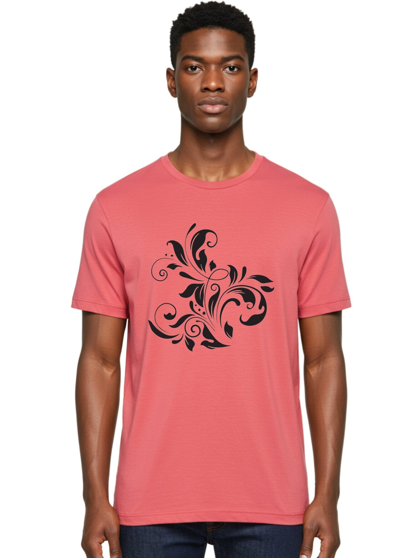 Black-Floral-Pattern Men'S Graphic Tee, 100% Cotton, Comfortable Casual Summer Wear, Machine Washable, Black Floral Pattern, Swirling Leaves, Ornate Design, Decorative Elements, Intricate Details, Elegant Graphics Aac519 18