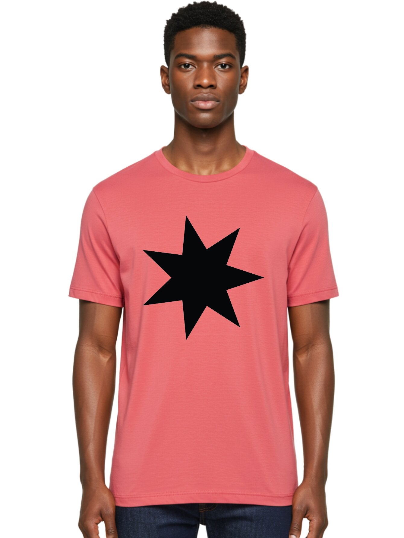 Black-Star-1 Men'S Graphic Tee, 100% Cotton, Comfortable Casual Summer Wear, Machine Washable, Eight Pointed Star, Black Star, Star Graphic, Bold Shape, Geometric Design, Symmetrical Pattern, Star Symbol Aac521 21