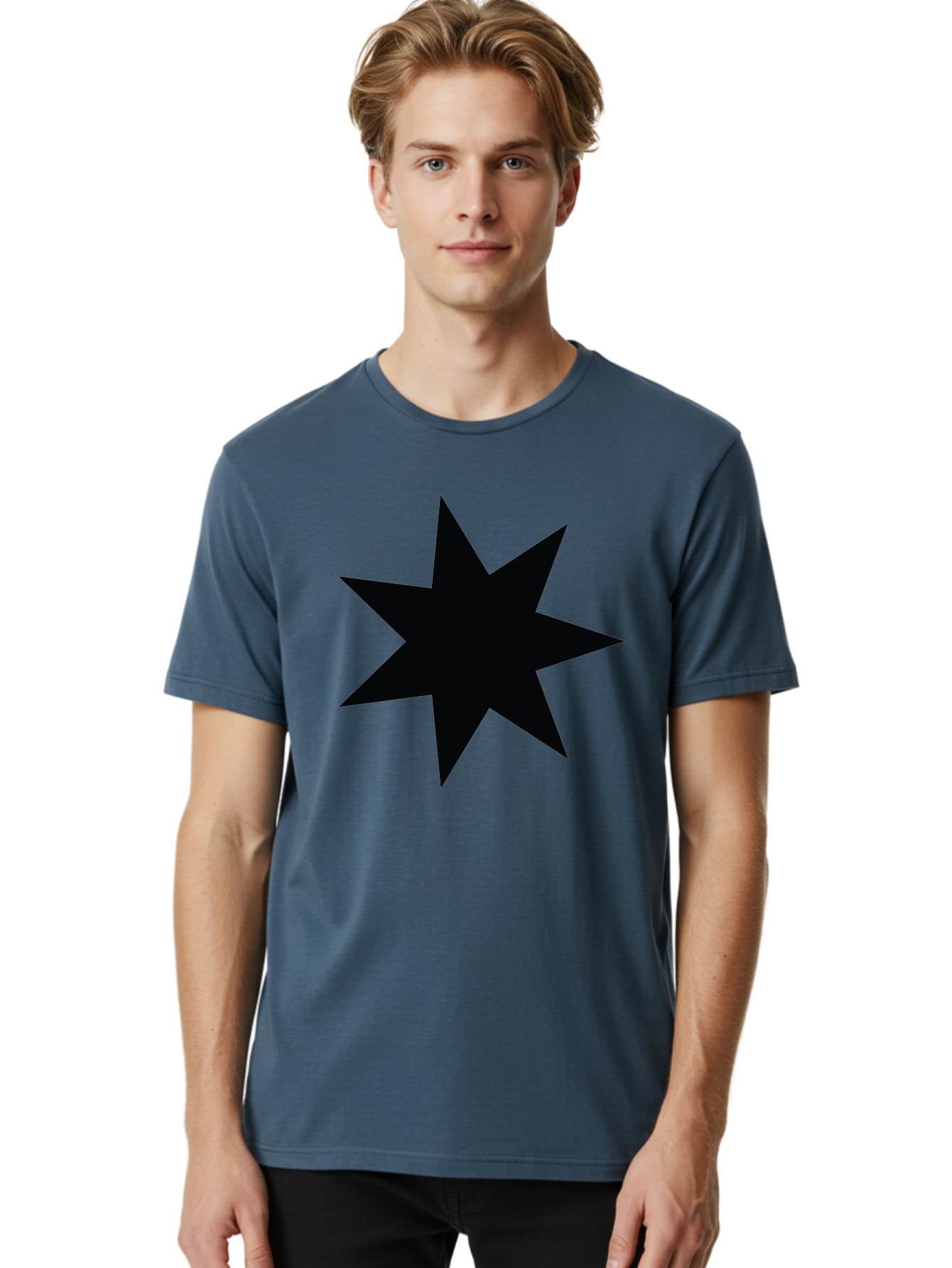 Black-Star-1 Men'S Graphic Tee, 100% Cotton, Comfortable Casual Summer Wear, Machine Washable, Eight Pointed Star, Black Star, Star Graphic, Bold Shape, Geometric Design, Symmetrical Pattern, Star Symbol Aac521 18
