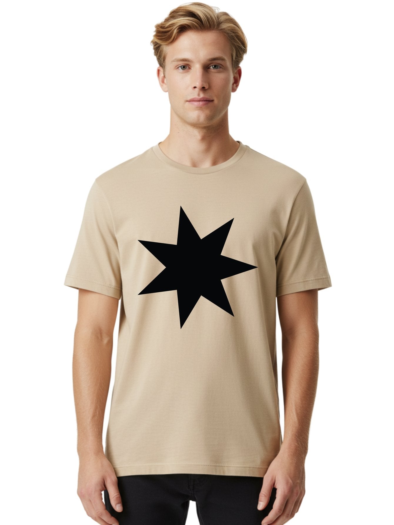 Black-Star-1 Men'S Graphic Tee, 100% Cotton, Comfortable Casual Summer Wear, Machine Washable, Eight Pointed Star, Black Star, Star Graphic, Bold Shape, Geometric Design, Symmetrical Pattern, Star Symbol Aac521 23