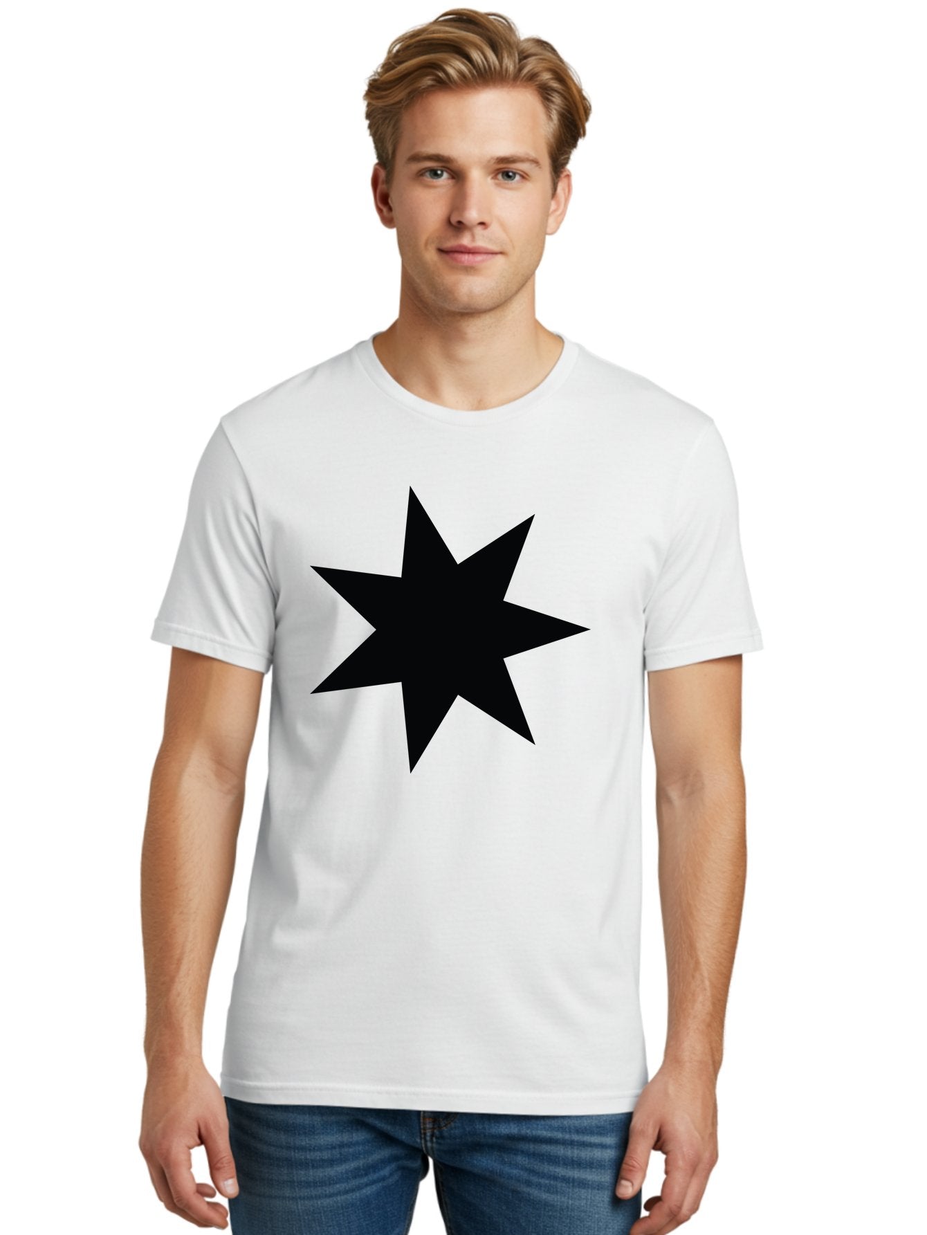 Black-Star-1 Men'S Graphic Tee, 100% Cotton, Comfortable Casual Summer Wear, Machine Washable, Eight Pointed Star, Black Star, Star Graphic, Bold Shape, Geometric Design, Symmetrical Pattern, Star Symbol Aac521 29