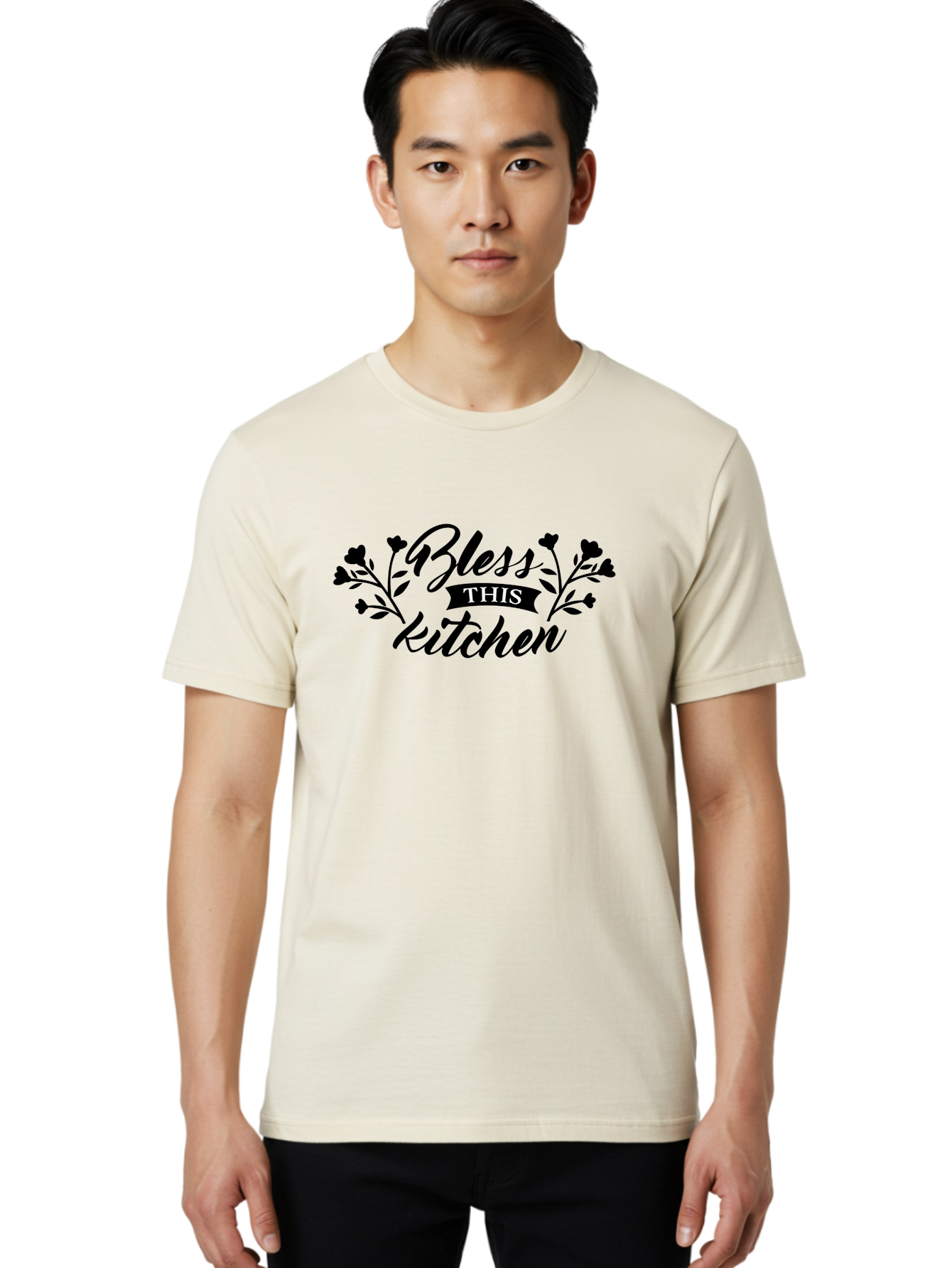 Bless-This-Kitchen Men'S Graphic Tee, 100% Cotton, Comfortable Casual Summer Wear, Machine Washable, Kitchen Decor, Floral Designs, Inspirational Quotes, Home Blessings, Kitchen Wall Art, Cursive Text, Kitchen Decor Ideas, Home Decor, Aac525 26