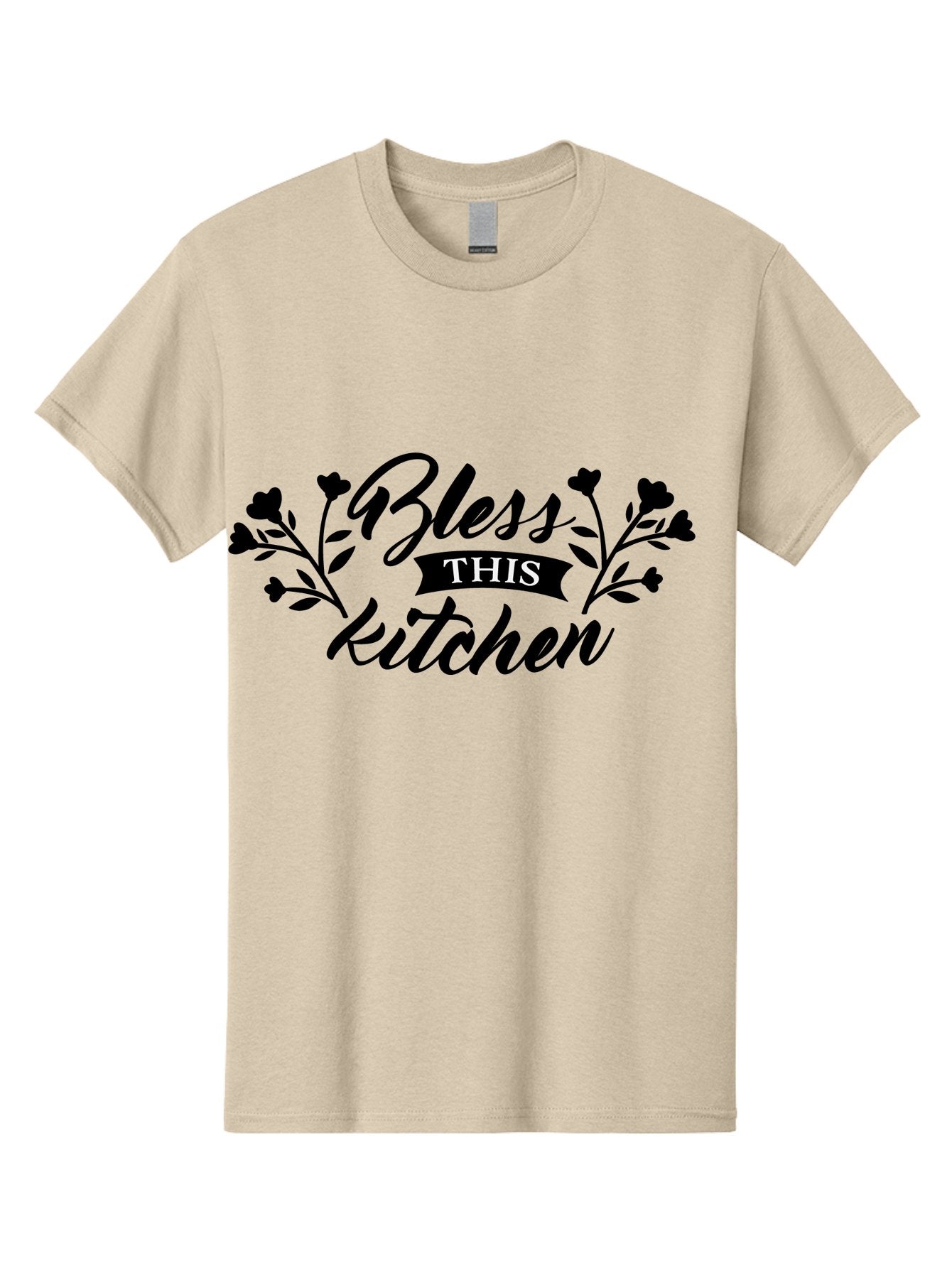 Bless-This-Kitchen Men'S Graphic Tee, 100% Cotton, Comfortable Casual Summer Wear, Machine Washable, Kitchen Decor, Floral Designs, Inspirational Quotes, Home Blessings, Kitchen Wall Art, Cursive Text, Kitchen Decor Ideas, Home Decor, Aac525