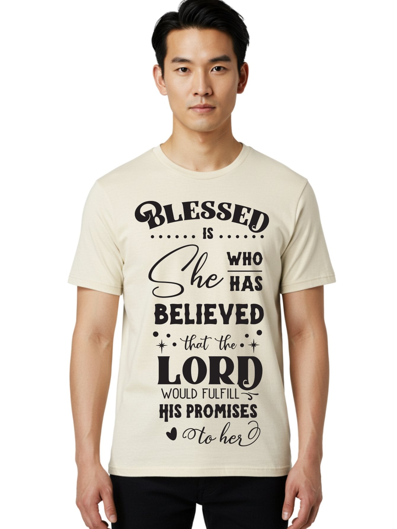 Blessed-Is-She Men'S Graphic Tee, 100% Cotton, Comfortable Casual Summer Wear, Machine Washable, Inspirational Quote, Motivational Saying, Faith-Based Message, Encouraging Words, Spiritual Guidance, Empowerment For Women, Christian Values, Aac528 20