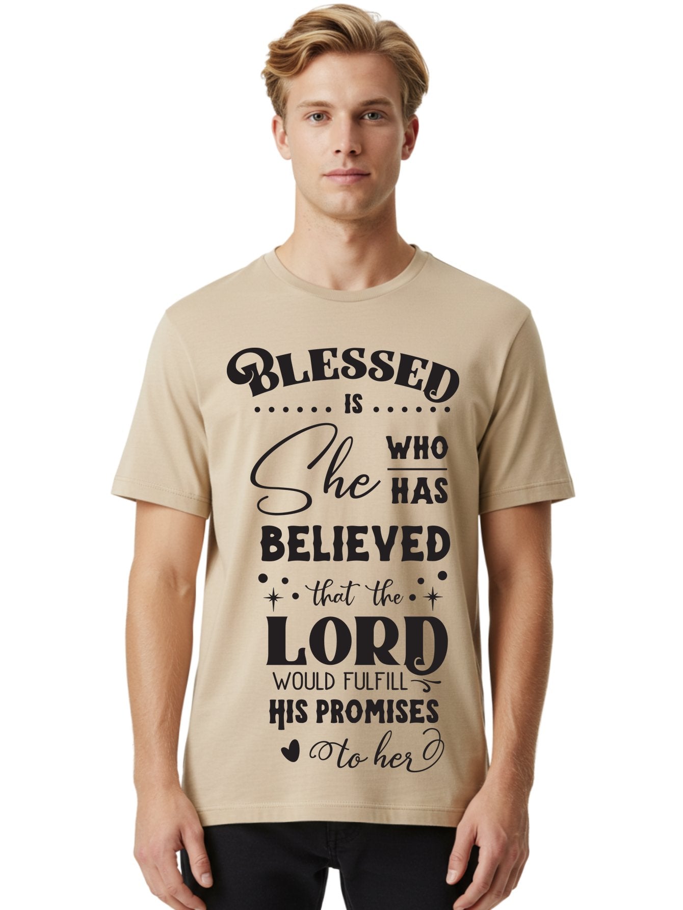 Blessed-Is-She Men'S Graphic Tee, 100% Cotton, Comfortable Casual Summer Wear, Machine Washable, Inspirational Quote, Motivational Saying, Faith-Based Message, Encouraging Words, Spiritual Guidance, Empowerment For Women, Christian Values, Aac528 16