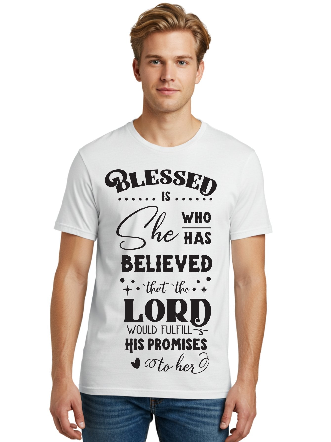 Blessed-Is-She Men'S Graphic Tee, 100% Cotton, Comfortable Casual Summer Wear, Machine Washable, Inspirational Quote, Motivational Saying, Faith-Based Message, Encouraging Words, Spiritual Guidance, Empowerment For Women, Christian Values, Aac528 28