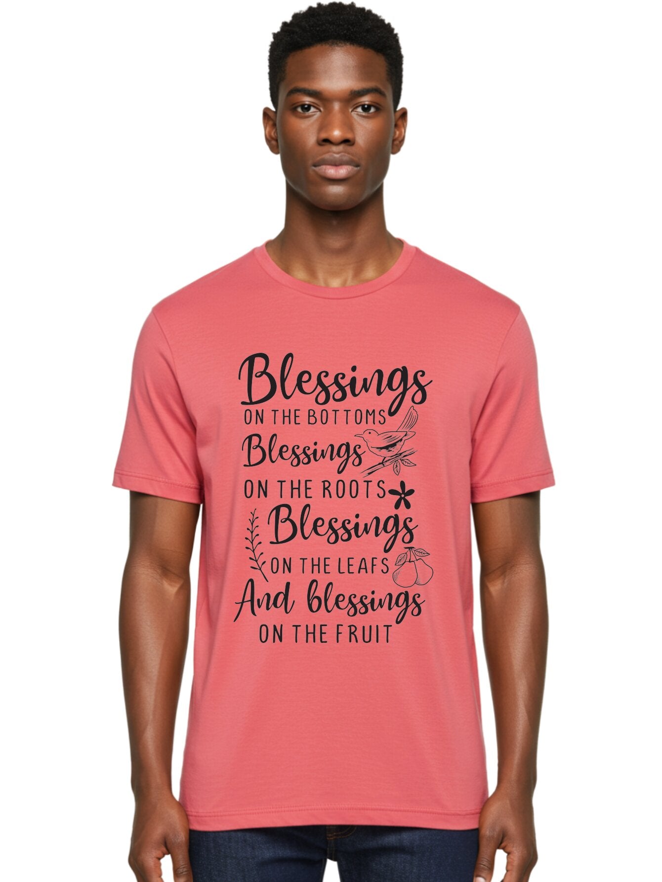 Blessings-On-The-Bottoms Men'S Graphic Tee, 100% Cotton, Comfortable Casual Summer Wear, Machine Washable, Inspirational Quote, Blessing Message, Typography Art, Leaf Illustrations, Floral Designs, Fruit Graphics, Nature-Inspired, Aac531 20