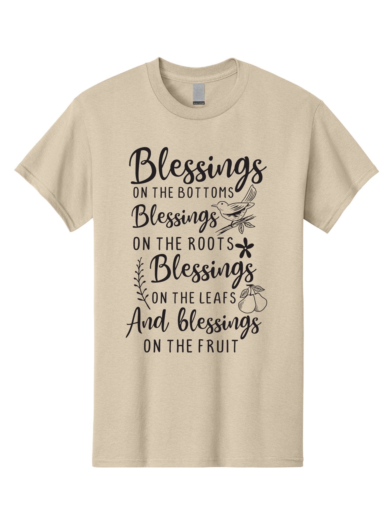 Blessings-On-The-Bottoms Men'S Graphic Tee, 100% Cotton, Comfortable Casual Summer Wear, Machine Washable, Inspirational Quote, Blessing Message, Typography Art, Leaf Illustrations, Floral Designs, Fruit Graphics, Nature-Inspired, Aac531