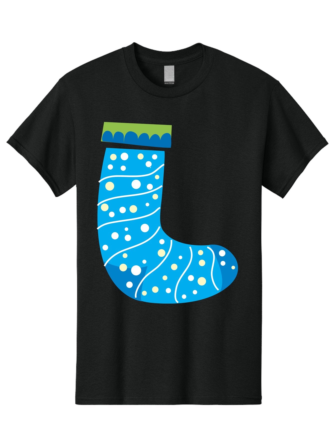 Blue-Christmas-Sock Men'S Graphic Tee, 100% Cotton, Comfortable Casual Summer Wear, Machine Washable, Christmas Stocking, Holiday Decor, Festive Season, Winter Wonderland, Cozy Atmosphere, Blue And White Colors, Polka Dot Pattern, White Swirls Aac533 14