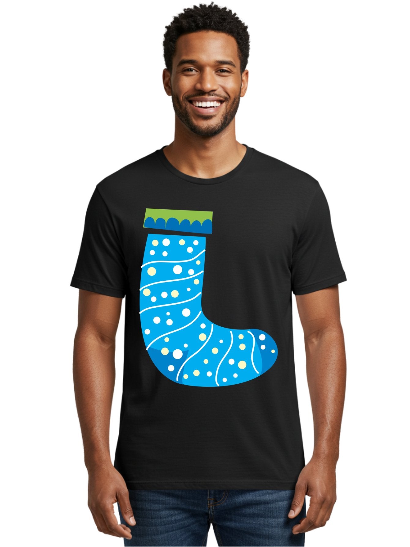 Blue-Christmas-Sock Men'S Graphic Tee, 100% Cotton, Comfortable Casual Summer Wear, Machine Washable, Christmas Stocking, Holiday Decor, Festive Season, Winter Wonderland, Cozy Atmosphere, Blue And White Colors, Polka Dot Pattern, White Swirls Aac533 29