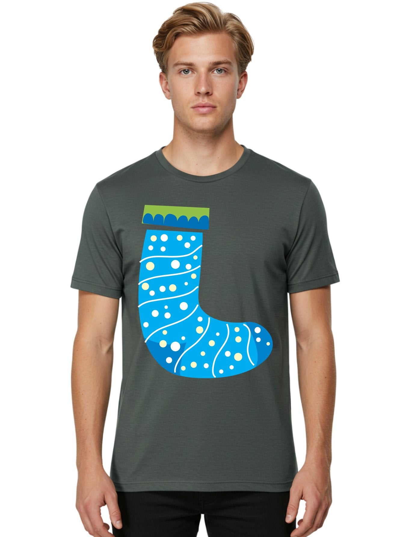 Blue-Christmas-Sock Men'S Graphic Tee, 100% Cotton, Comfortable Casual Summer Wear, Machine Washable, Christmas Stocking, Holiday Decor, Festive Season, Winter Wonderland, Cozy Atmosphere, Blue And White Colors, Polka Dot Pattern, White Swirls Aac533 24