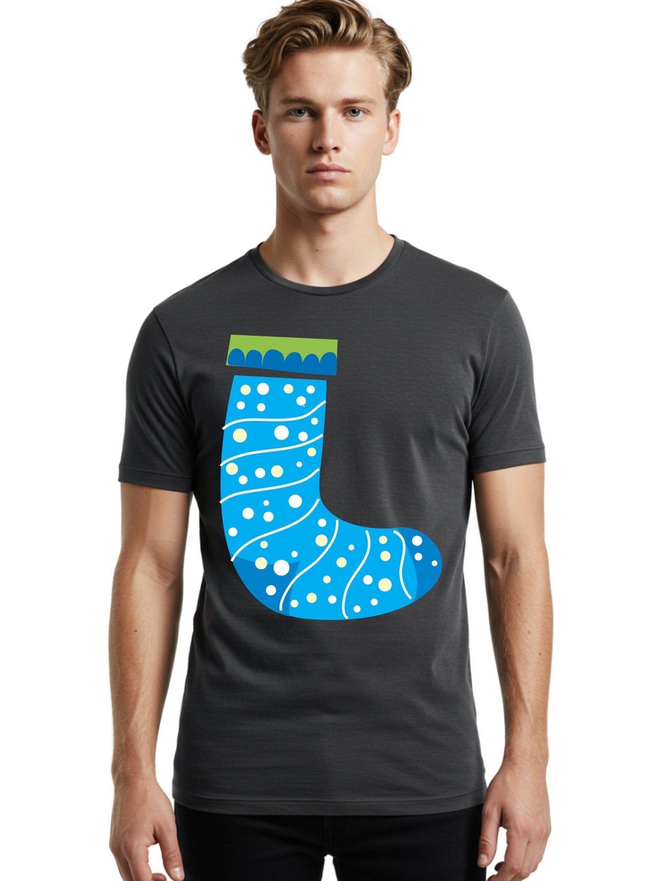 Blue-Christmas-Sock Men'S Graphic Tee, 100% Cotton, Comfortable Casual Summer Wear, Machine Washable, Christmas Stocking, Holiday Decor, Festive Season, Winter Wonderland, Cozy Atmosphere, Blue And White Colors, Polka Dot Pattern, White Swirls Aac533 22