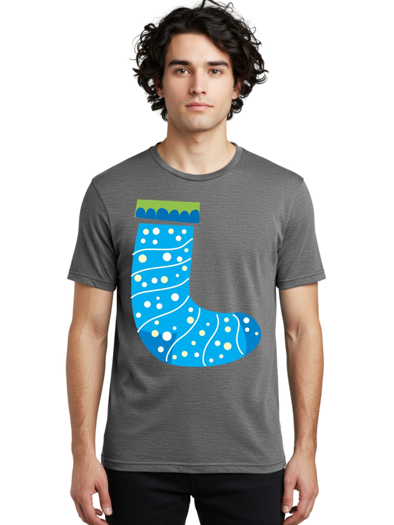 Blue-Christmas-Sock Men'S Graphic Tee, 100% Cotton, Comfortable Casual Summer Wear, Machine Washable, Christmas Stocking, Holiday Decor, Festive Season, Winter Wonderland, Cozy Atmosphere, Blue And White Colors, Polka Dot Pattern, White Swirls Aac533 18