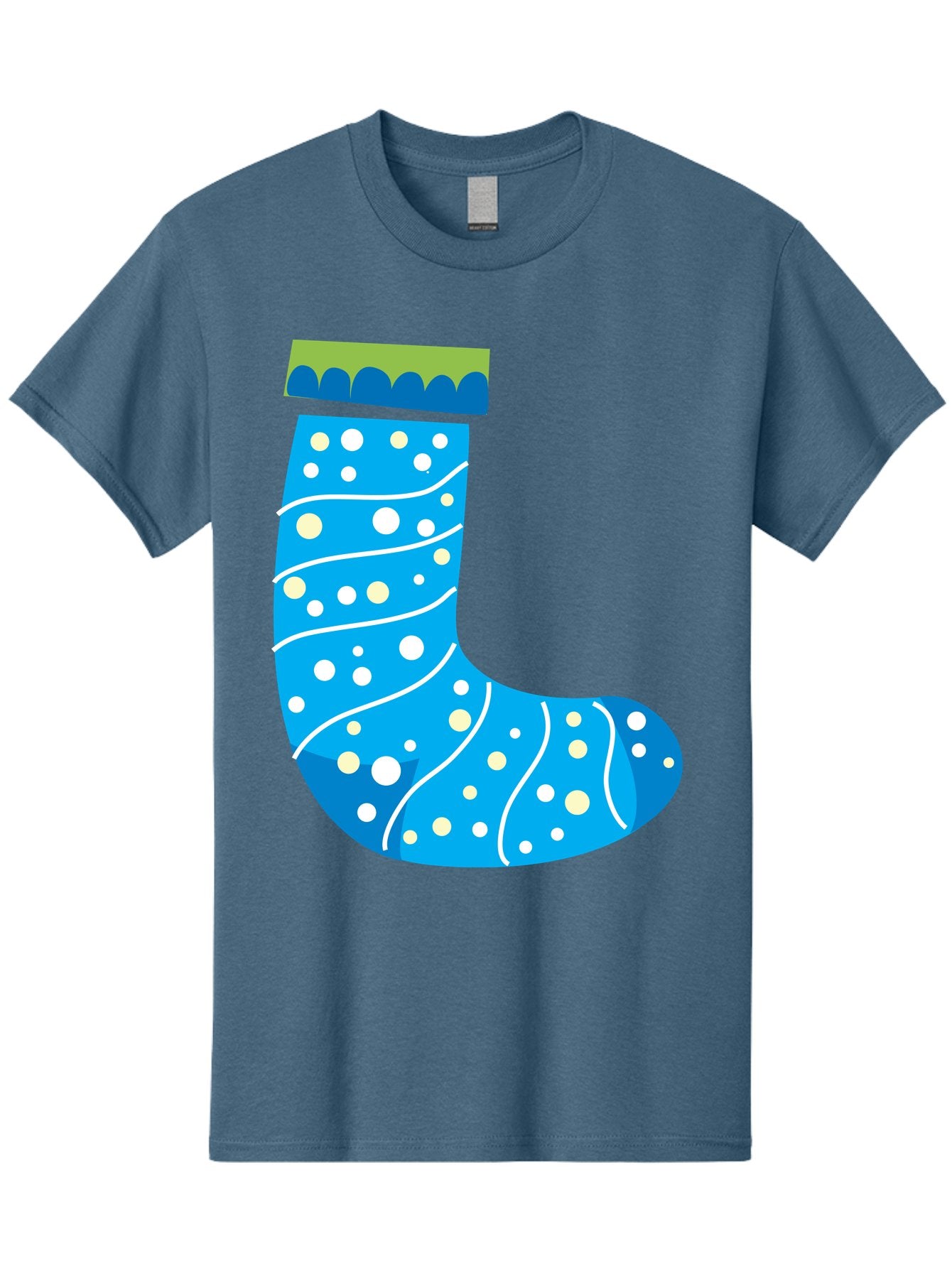 Blue-Christmas-Sock Men'S Graphic Tee, 100% Cotton, Comfortable Casual Summer Wear, Machine Washable, Christmas Stocking, Holiday Decor, Festive Season, Winter Wonderland, Cozy Atmosphere, Blue And White Colors, Polka Dot Pattern, White Swirls Aac533 12