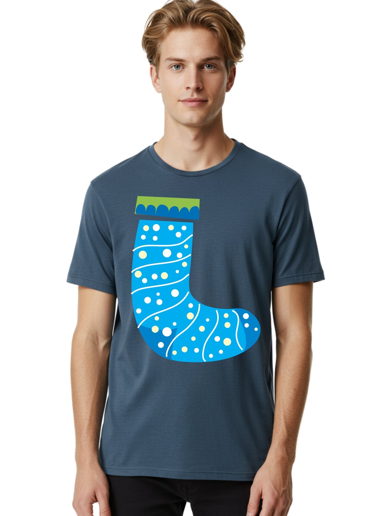 Blue-Christmas-Sock Men'S Graphic Tee, 100% Cotton, Comfortable Casual Summer Wear, Machine Washable, Christmas Stocking, Holiday Decor, Festive Season, Winter Wonderland, Cozy Atmosphere, Blue And White Colors, Polka Dot Pattern, White Swirls Aac533 28