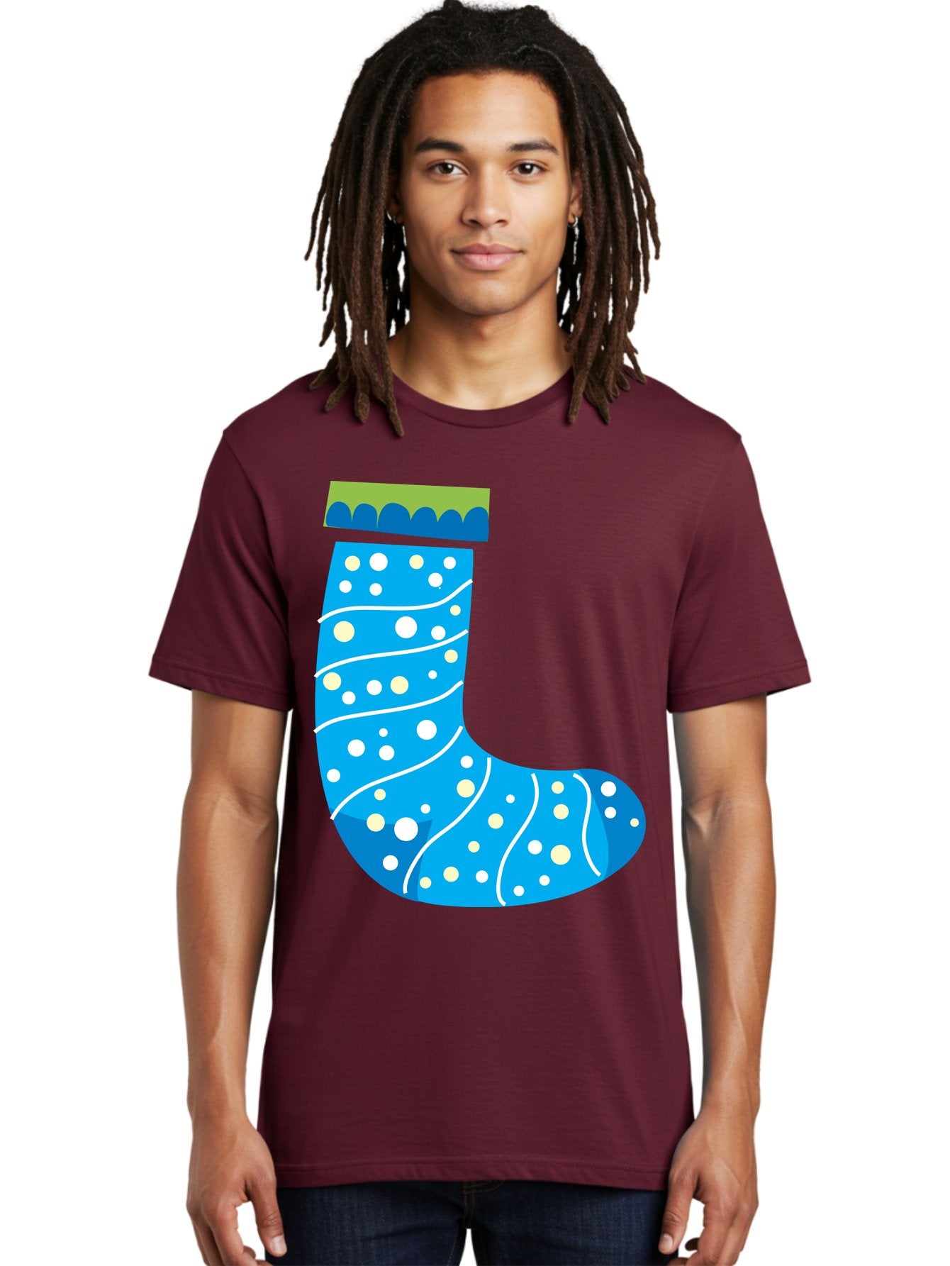 Blue-Christmas-Sock Men'S Graphic Tee, 100% Cotton, Comfortable Casual Summer Wear, Machine Washable, Christmas Stocking, Holiday Decor, Festive Season, Winter Wonderland, Cozy Atmosphere, Blue And White Colors, Polka Dot Pattern, White Swirls Aac533 17