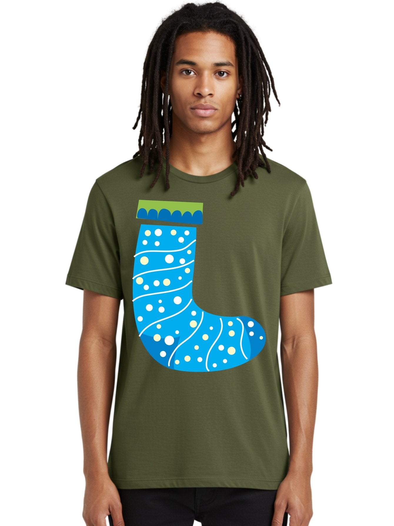 Blue-Christmas-Sock Men'S Graphic Tee, 100% Cotton, Comfortable Casual Summer Wear, Machine Washable, Christmas Stocking, Holiday Decor, Festive Season, Winter Wonderland, Cozy Atmosphere, Blue And White Colors, Polka Dot Pattern, White Swirls Aac533 25