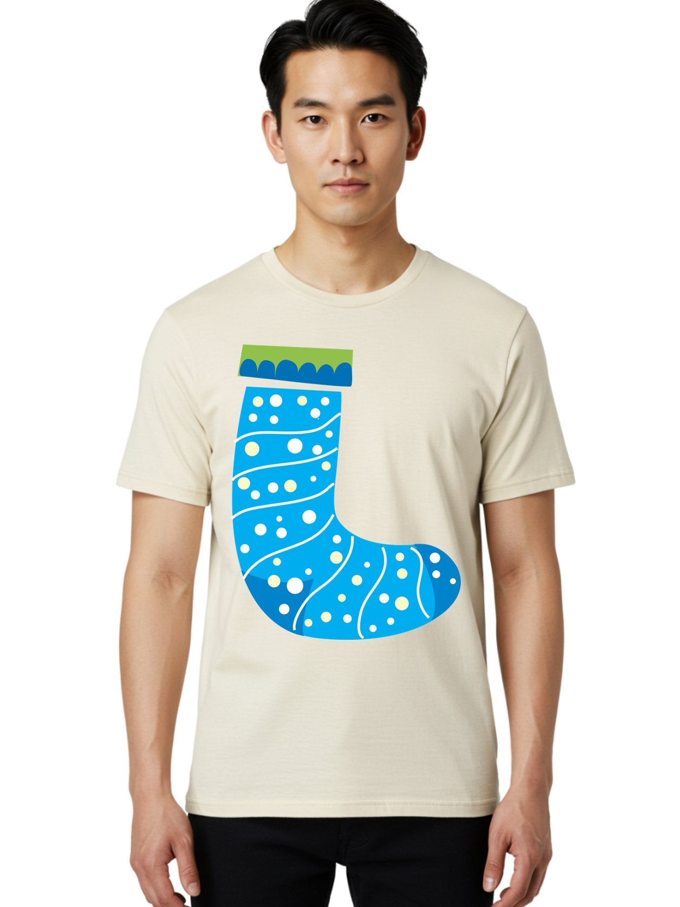 Blue-Christmas-Sock Men'S Graphic Tee, 100% Cotton, Comfortable Casual Summer Wear, Machine Washable, Christmas Stocking, Holiday Decor, Festive Season, Winter Wonderland, Cozy Atmosphere, Blue And White Colors, Polka Dot Pattern, White Swirls Aac533 30